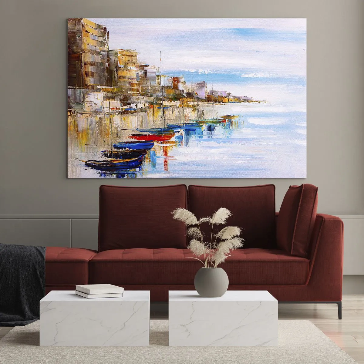 Glastavla - Bild på glas - Färgglada båtar förtöjda vid stadens kaj - 70x50cm - Flerfärgad urban hamn - Modern väggdekoration för vardagsrum och sovrum ARTTOR