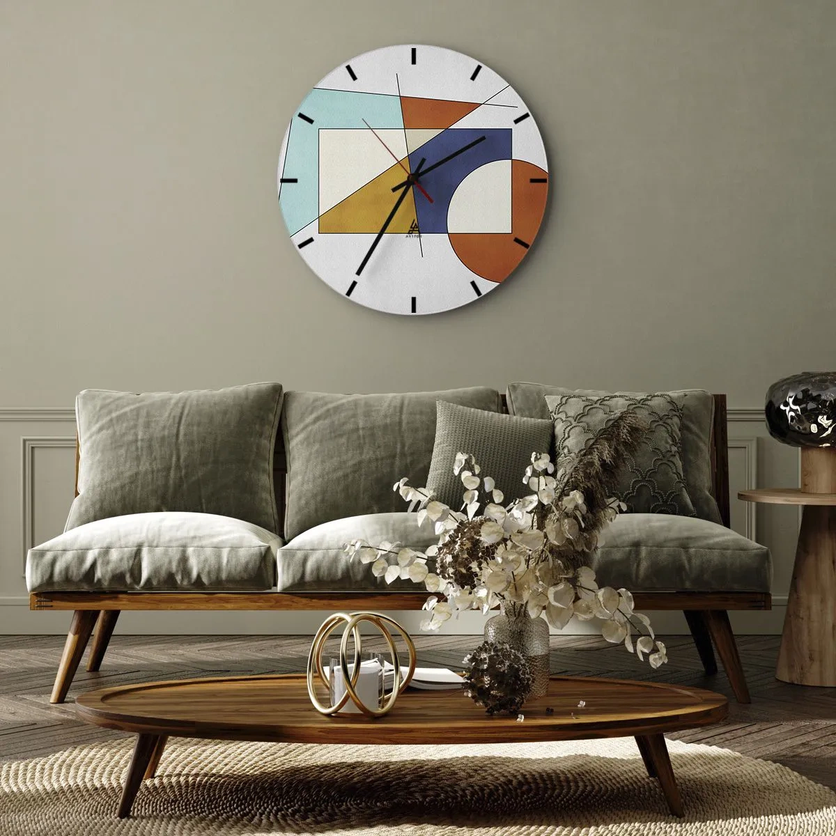 Väggklocka - Klocka på glas - Färgglad geometrisk komposition med rektanglar och cirklar - 30x30cm - Abstraktion: modernistiskt nöje - Modern väggdekoration för vardagsrum, kök och sovrum ARTTOR