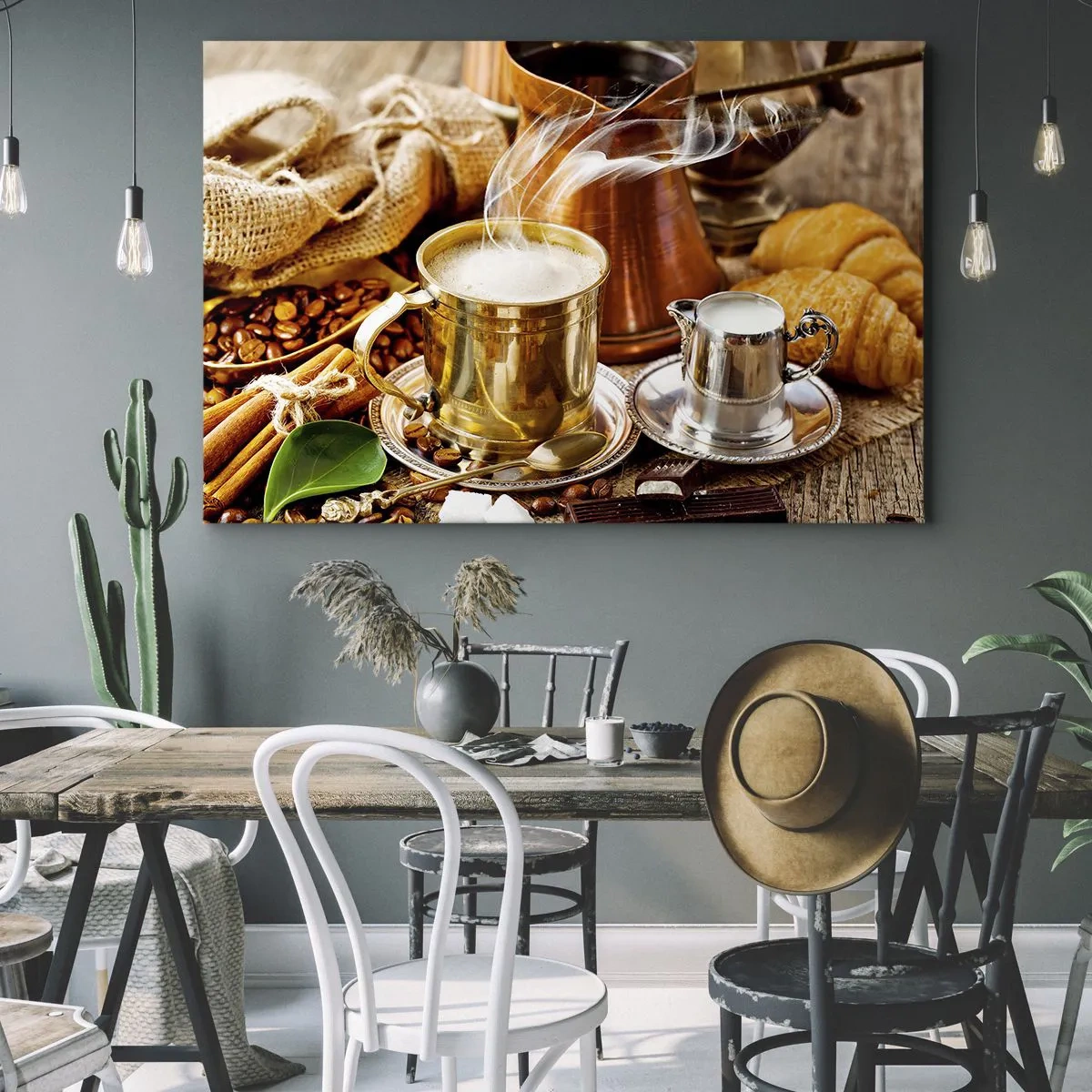 Canvastavla - Bild på duk - En gyllene mugg kaffe omgiven av bönor, kannor och croissanter - 70x50cm - Ha en trevlig dag! - Modern väggdekoration för vardagsrum och sovrum ARTTOR