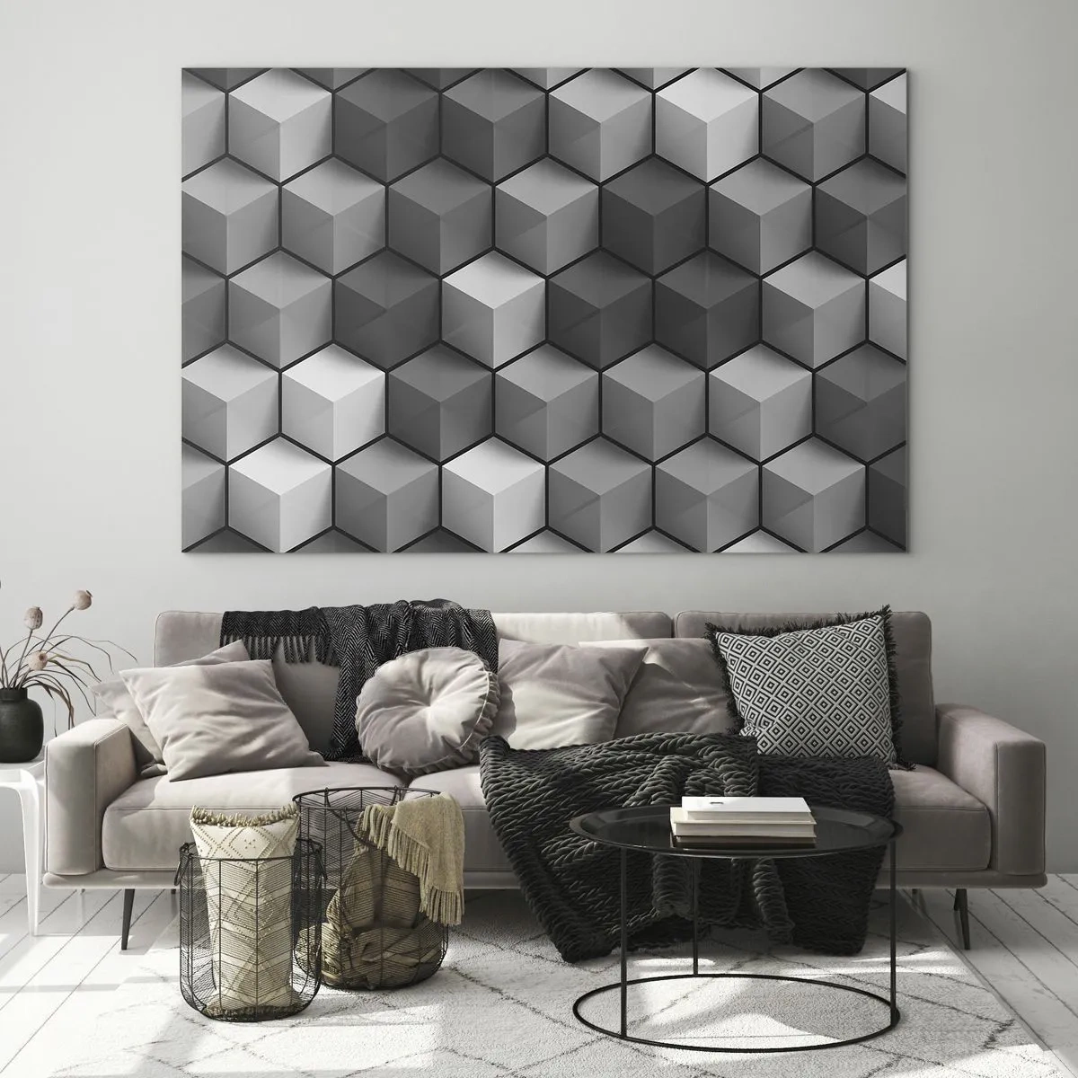 Glastavla - Bild på glas - Geometriska kuber i grå nyanser - 70x50cm - Kubistiskt pussel - Modern väggdekoration för vardagsrum och sovrum ARTTOR