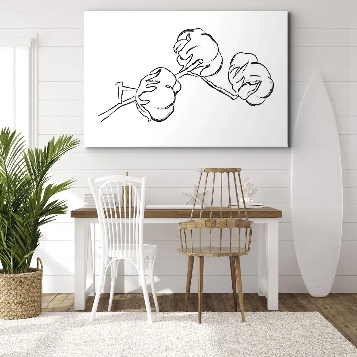 Canvastavla - Bild på duk - En delikat kontur av en bomullskvist på en vit bakgrund - 70x50cm - Bomullsdun - Modern väggdekoration för vardagsrum och sovrum ARTTOR