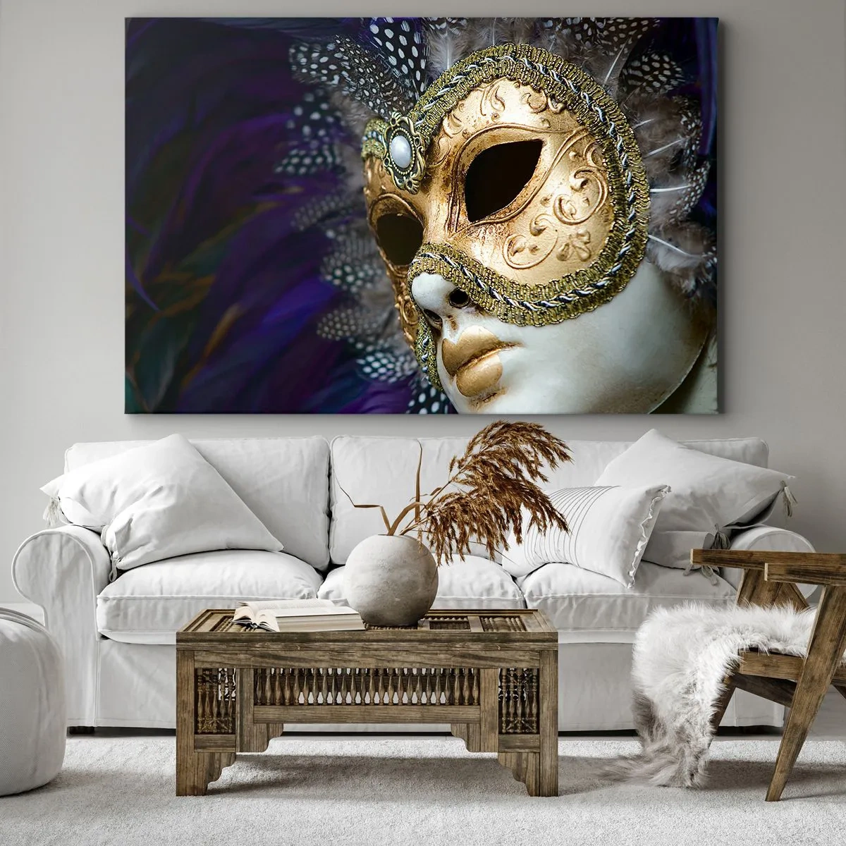 Canvastavla - Bild på duk - Gyllene venetiansk mask med dekorativa fjädrar och ornament - 70x50cm - Venedigporträtt i guld - Modern väggdekoration för vardagsrum och sovrum ARTTOR