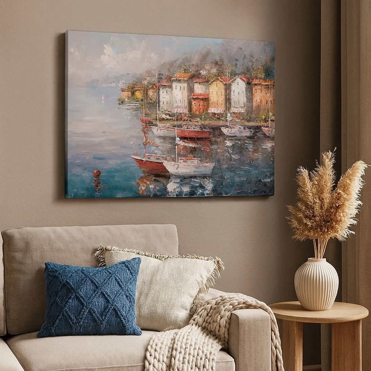 Canvastavla - Bild på duk - Kustlandskap med båtar och färgglada hus - 70x50cm - Romantisk hamn - Modern väggdekoration för vardagsrum och sovrum ARTTOR
