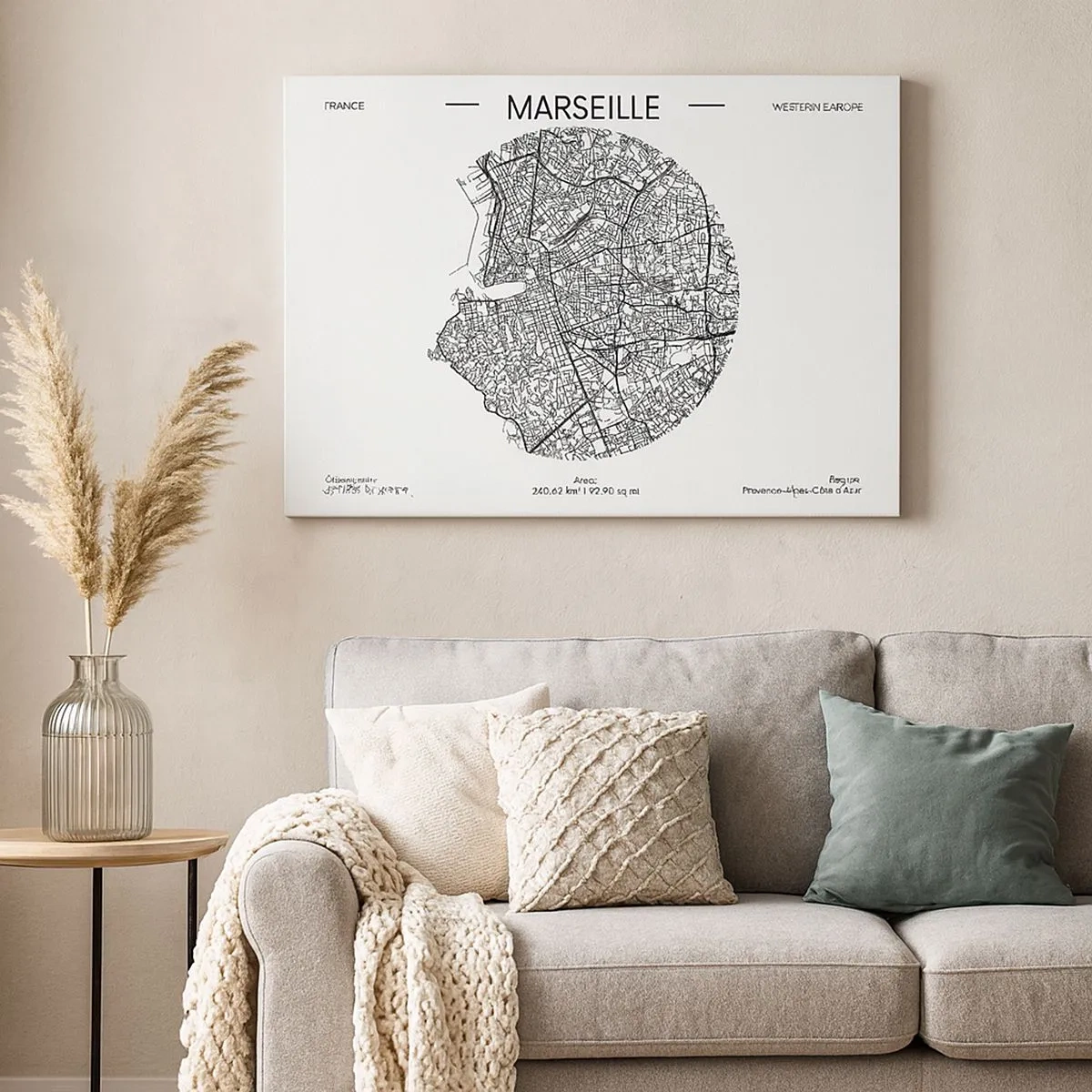 Canvastavla - Bild på duk - Karta över Marseille i minimalistisk stil - 70x50cm - Marseilles anatomi - Modern väggdekoration för vardagsrum och sovrum ARTTOR