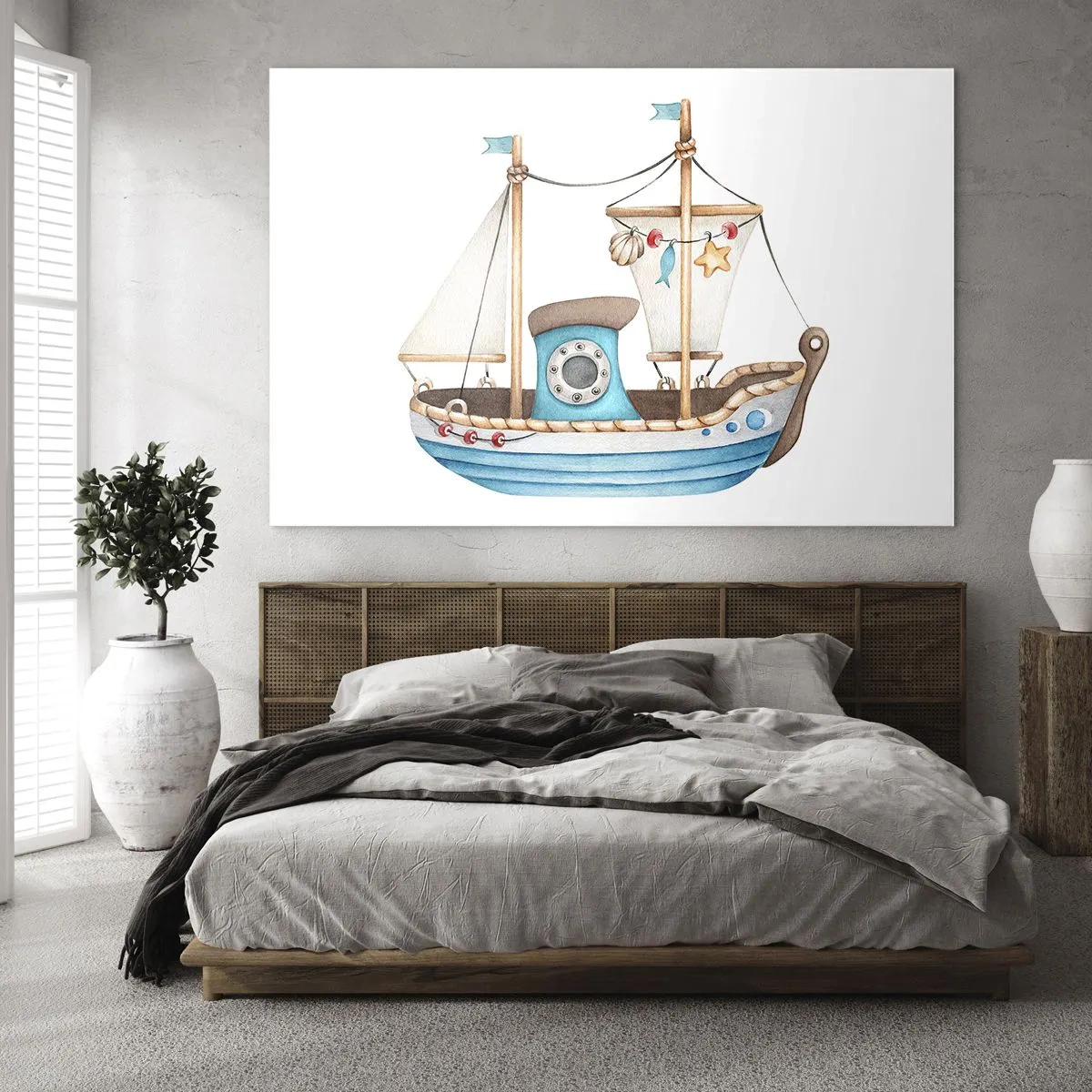Glastavla - Bild på glas - Illustration av ett barns skepp på vit bakgrund - 70x50cm - Ohoj, äventyret! - Modern väggdekoration för vardagsrum och sovrum ARTTOR