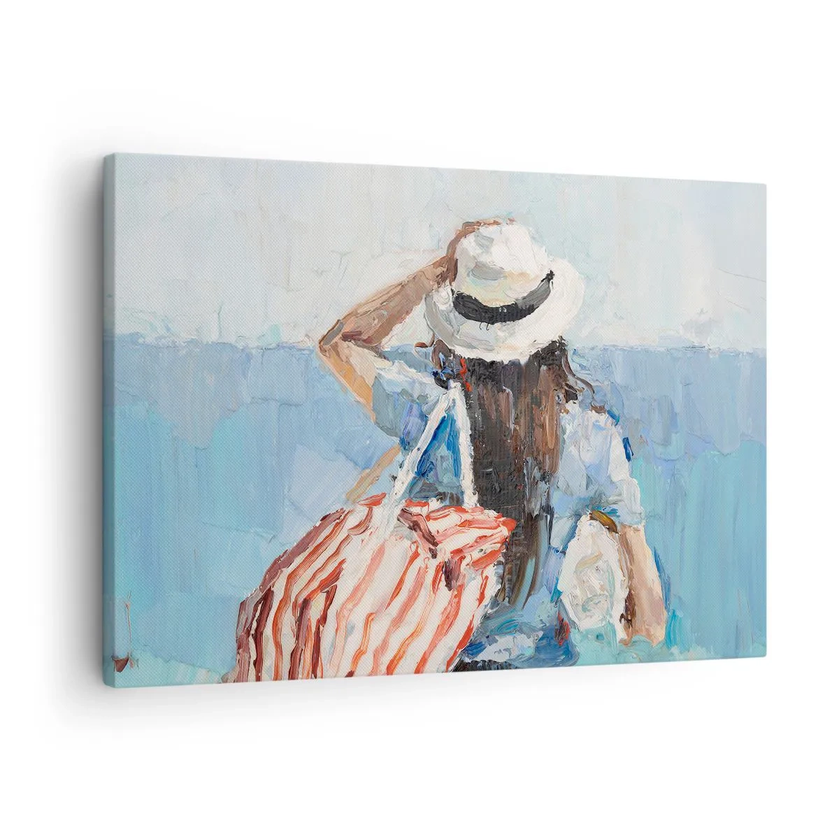 Canvastavla - Bild på duk - En kvinna i hatt mot det blå havet - 70x50cm - Välkommen på semester - Modern väggdekoration för vardagsrum och sovrum ARTTOR