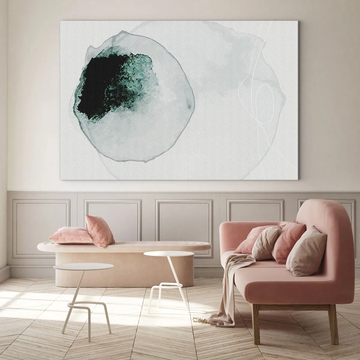 Glastavla - Bild på glas - En abstrakt form som liknar en vattendroppe i nyanser av grönt. - 70x50cm - I en droppe vatten - Modern väggdekoration för vardagsrum och sovrum ARTTOR