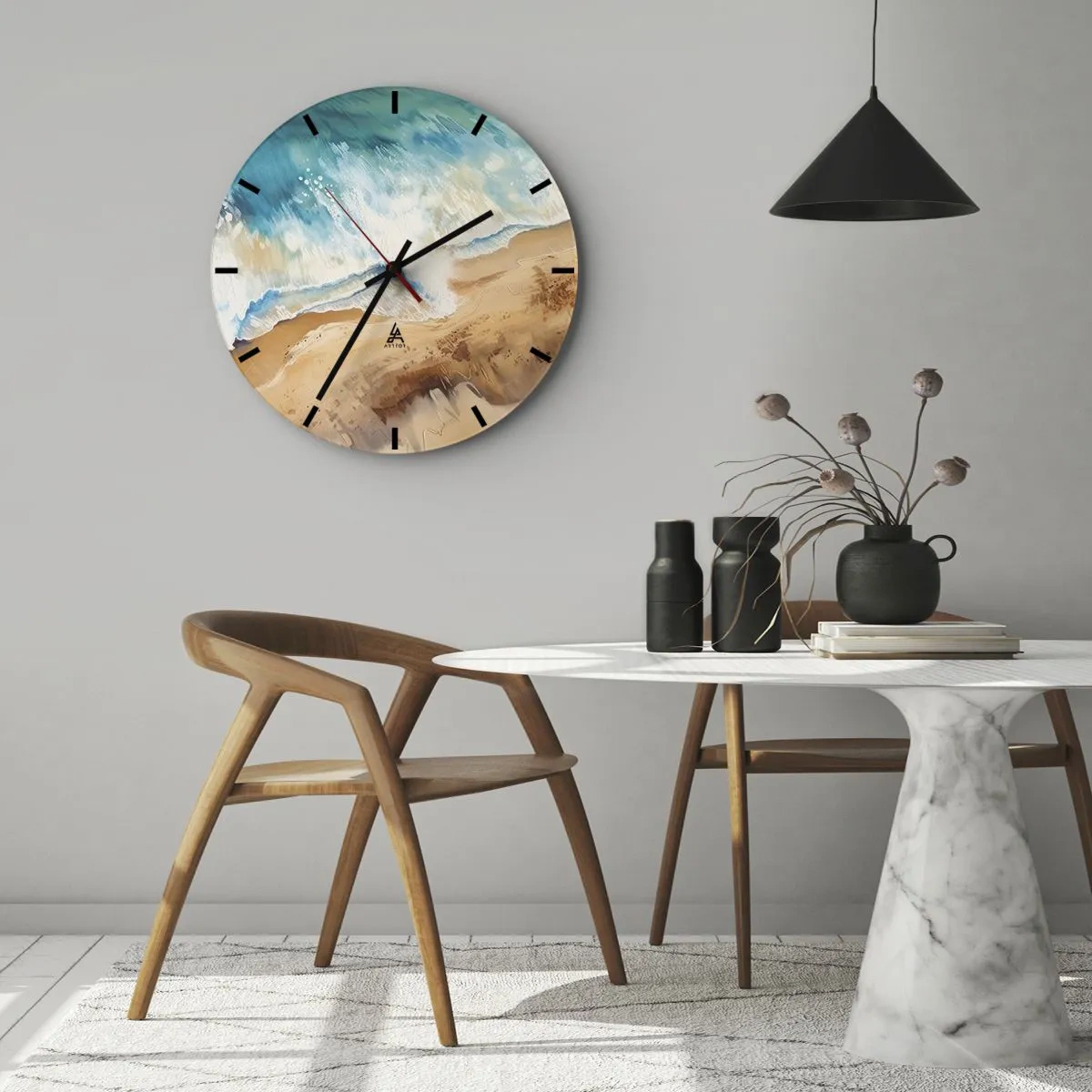 Väggklocka - Klocka på glas - En fågelperspektiv av en målerisk våg som slår mot sanden - 30x30cm - Den återkommande vågen - Modern väggdekoration för vardagsrum, kök och sovrum ARTTOR