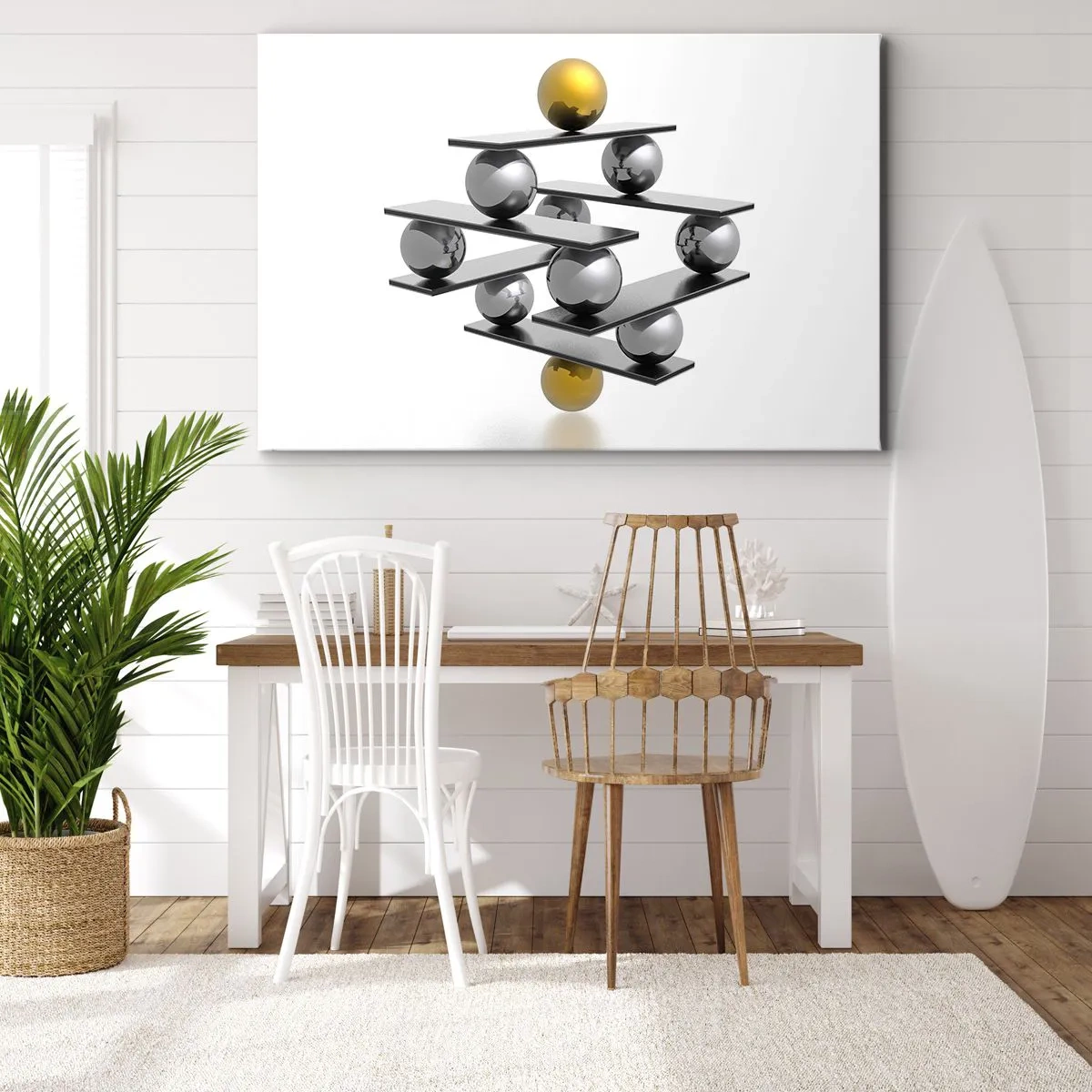 Canvastavla - Bild på duk - Geometrisk komposition med metallkulor och en guldfärgad accent - 70x50cm - Guld-silver balans - Modern väggdekoration för vardagsrum och sovrum ARTTOR