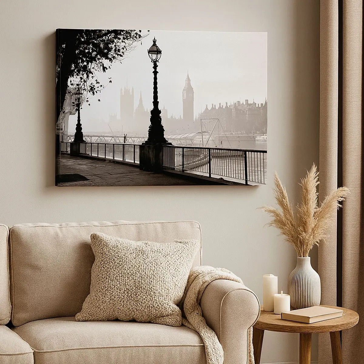 Canvastavla - Bild på duk - En monokromatisk vy av Big Ben och Themsen. - 70x50cm - Morgon i London - Modern väggdekoration för vardagsrum och sovrum ARTTOR