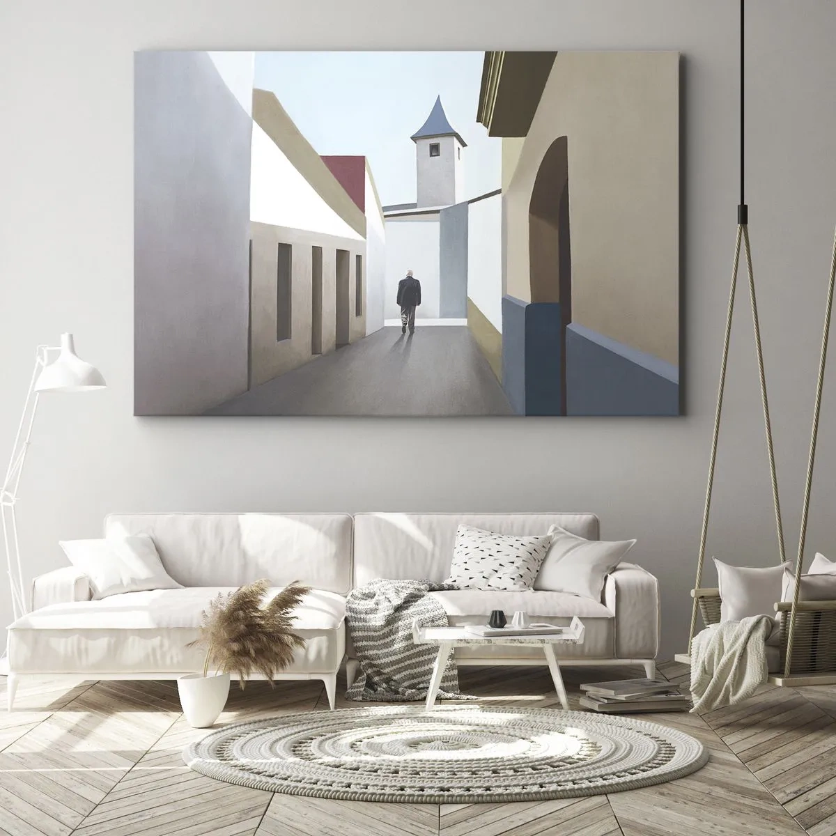 Canvastavla - Bild på duk - En minimalistisk gata med en manssilhuett i bakgrunden - 70x50cm - Solig promenad - Modern väggdekoration för vardagsrum och sovrum ARTTOR