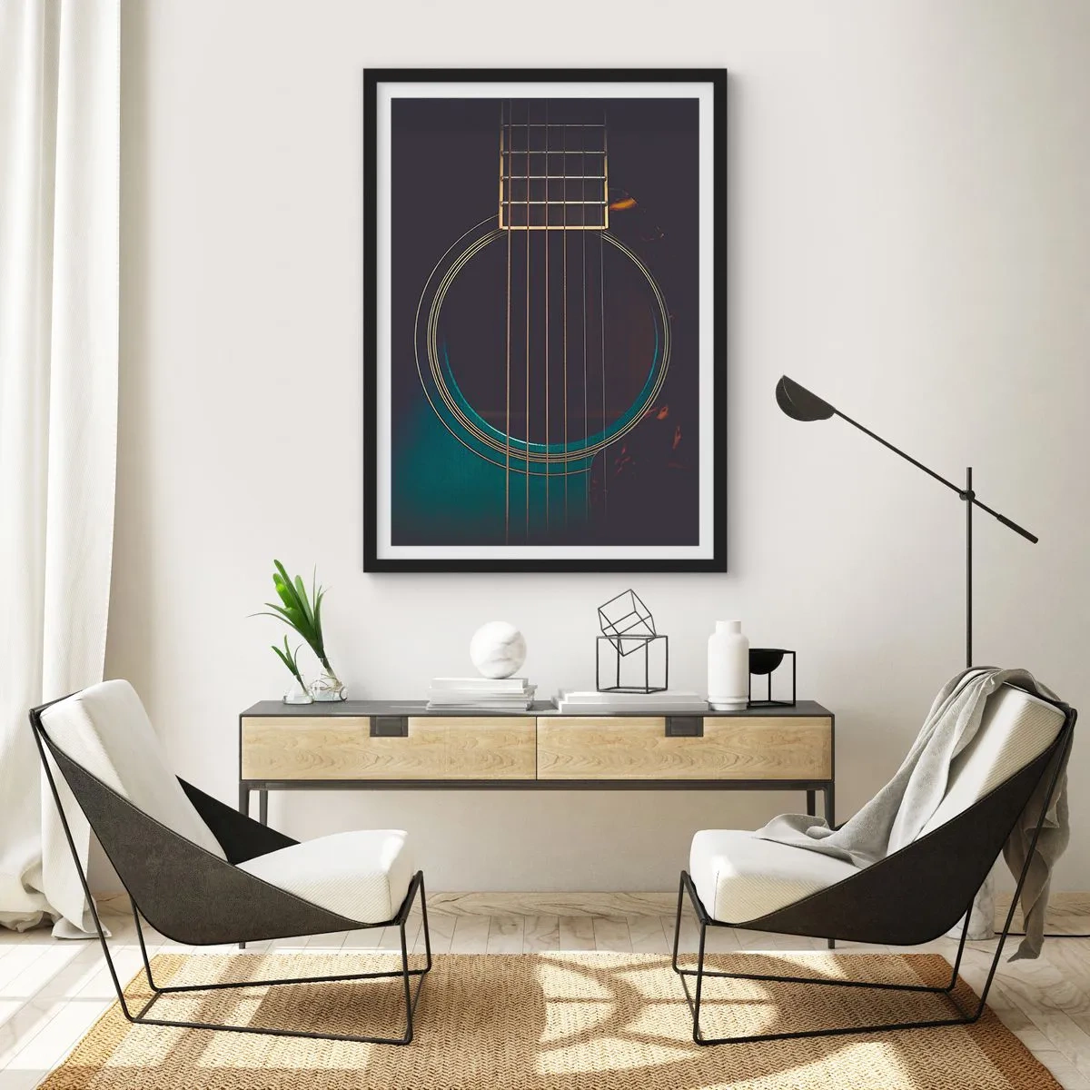 Affisch i svart ram - En konstnärlig närbild av resonansbotten på en akustisk gitarr. - 50x70cm - Ett ögonblick innan det ljuder - Modern väggdekoration för vardagsrum och sovrum ARTTOR