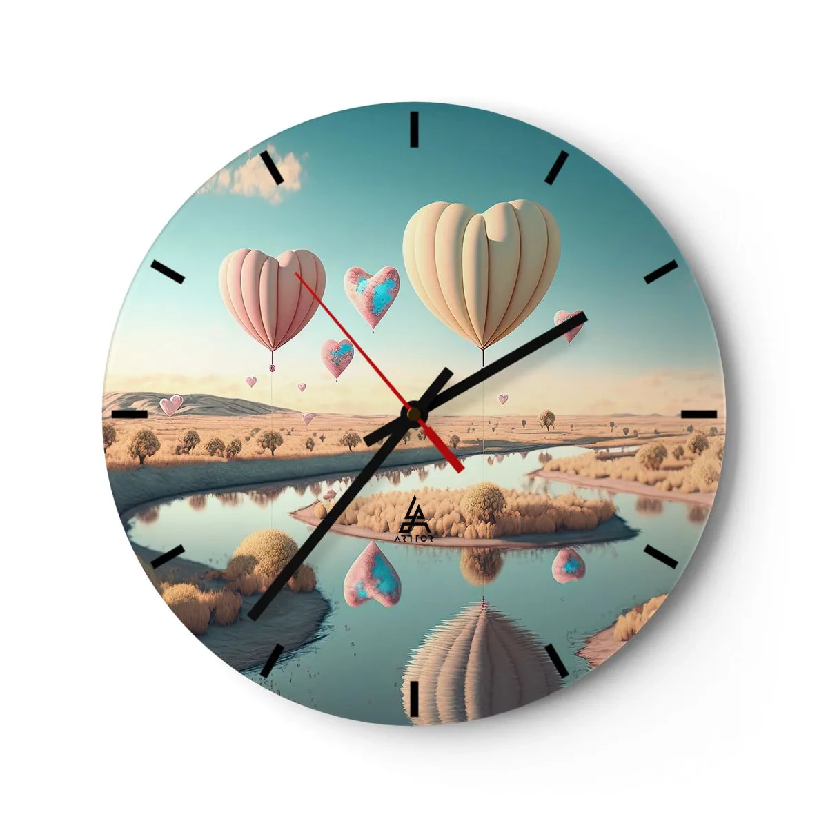 Väggklocka - Klocka på glas - Hjärtformade ballonger som svävar över floden - 30x30cm - Kärleken låter dig sväva - Modern väggdekoration för vardagsrum, kök och sovrum ARTTOR