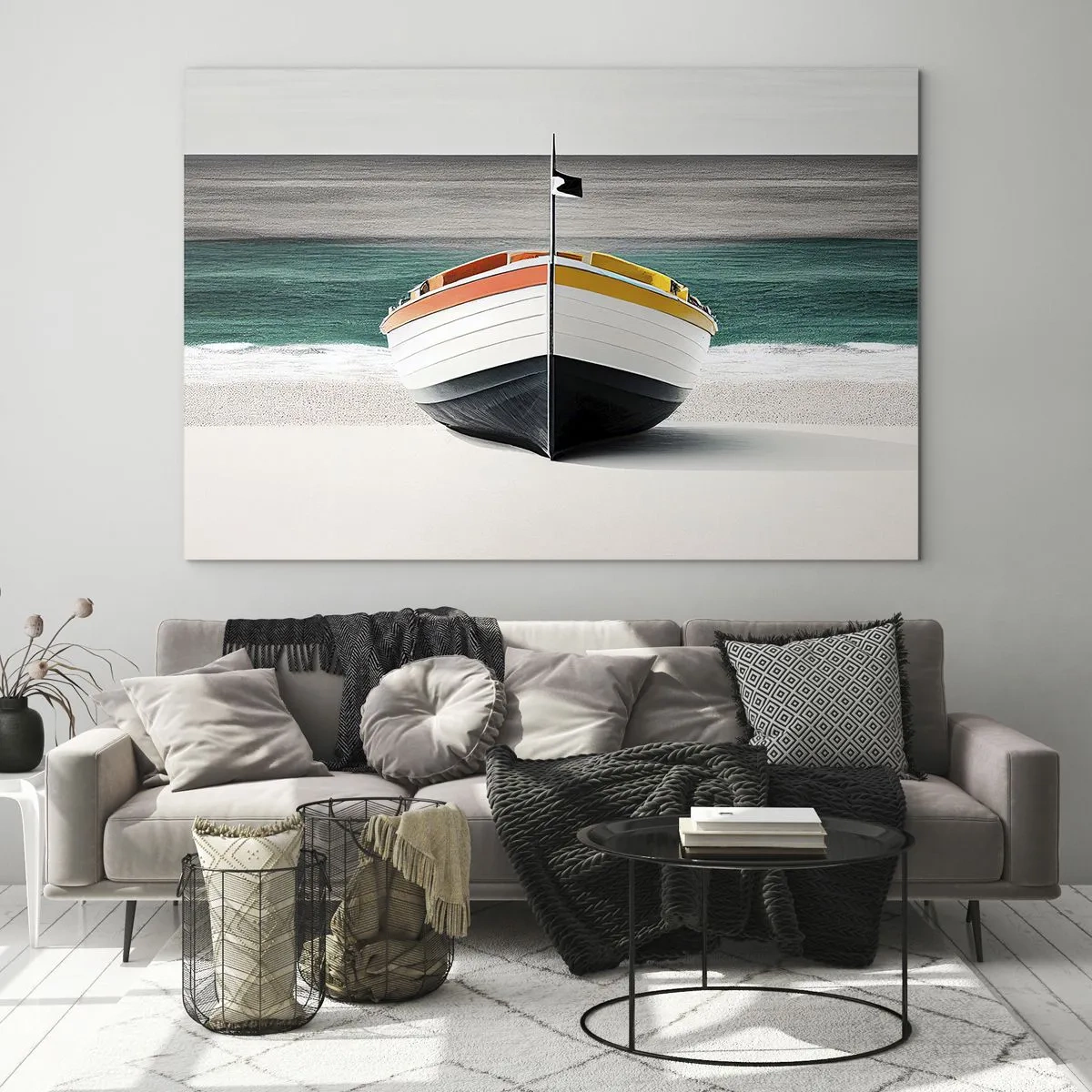Glastavla - Bild på glas - En färgglad båt på stranden med ett turkost hav i bakgrunden - 70x50cm - På sin plats - Modern väggdekoration för vardagsrum och sovrum ARTTOR