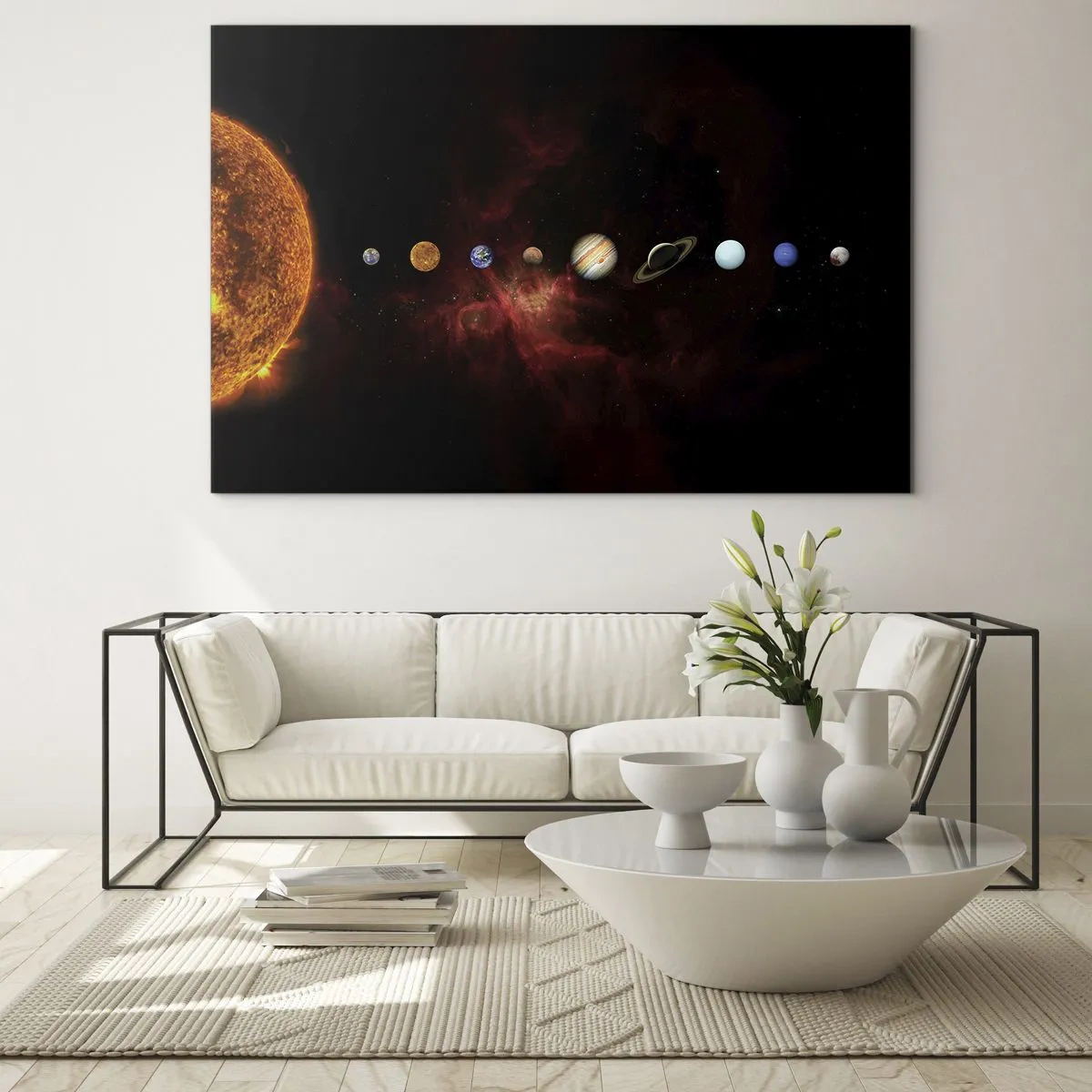 Glastavla - Bild på glas - Planetsystem med solen på svart bakgrund - 70x50cm - Vårt grannskap - Modern väggdekoration för vardagsrum och sovrum ARTTOR