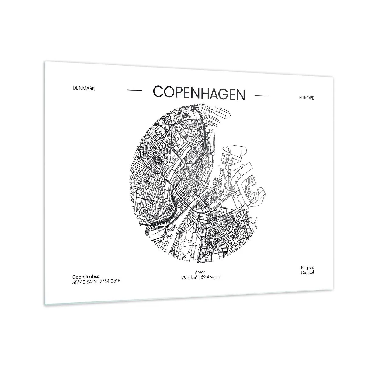 Glastavla - Bild på glas - En karta över Köpenhamn i form av en grafisk gatuskiss - 70x50cm - Köpenhamns anatomi - Modern väggdekoration för vardagsrum och sovrum ARTTOR