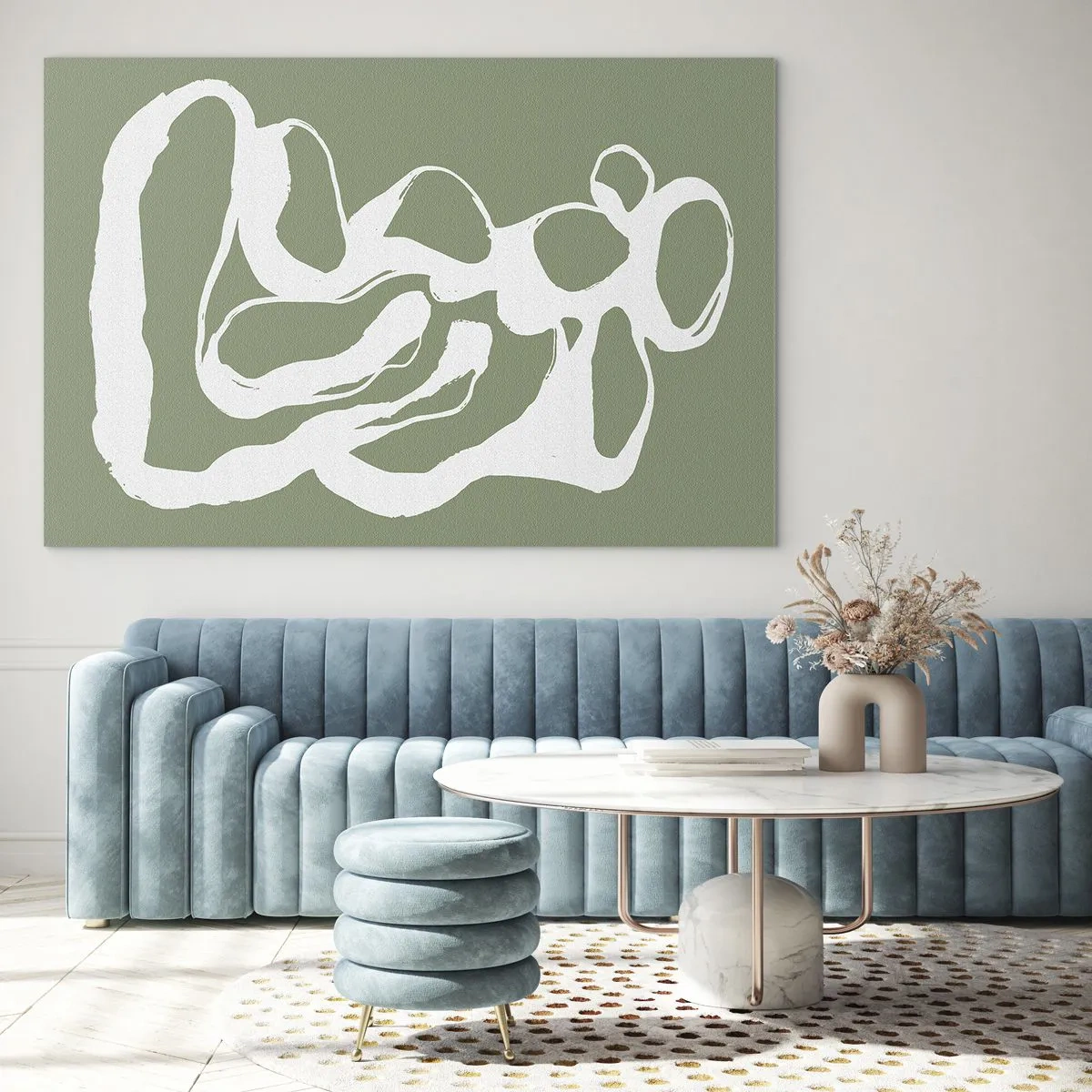 Glastavla - Bild på glas - Abstrakt vit organisk form på en olivgrön bakgrund - 70x50cm - Rymdens kallelse - Modern väggdekoration för vardagsrum och sovrum ARTTOR
