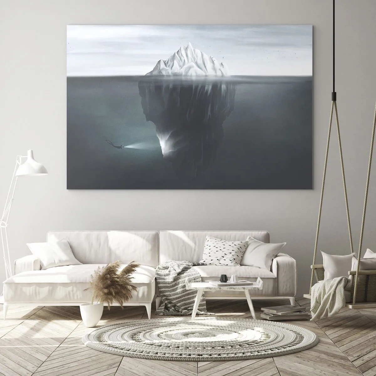 Glastavla - Bild på glas - Ett isberg med en dykare som utforskar undervattensdelen - 70x50cm - Undervattensmysterium - Modern väggdekoration för vardagsrum och sovrum ARTTOR
