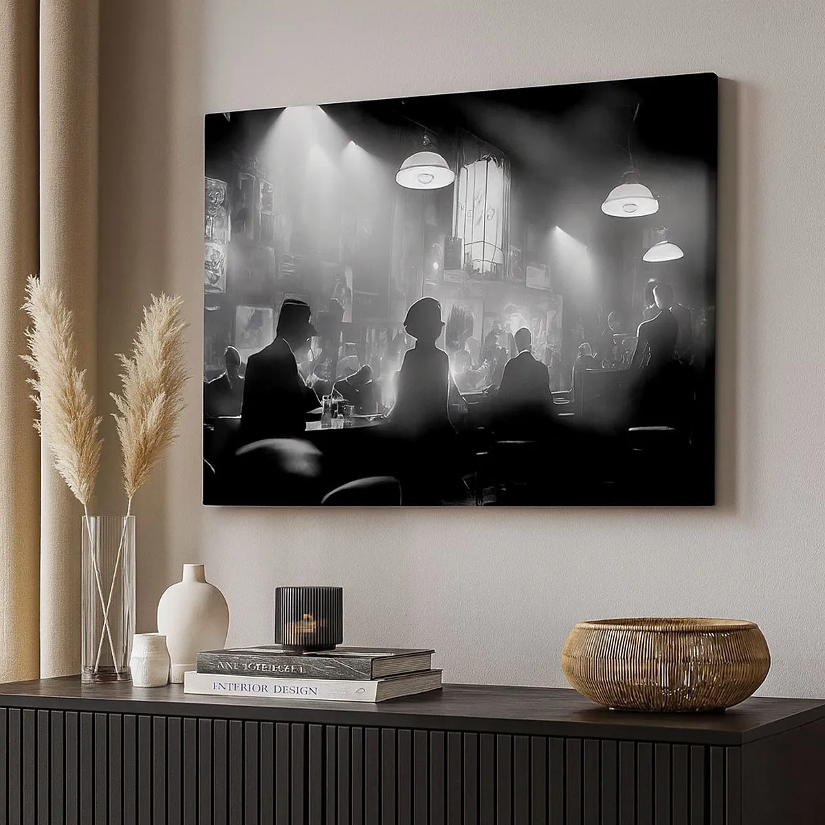Canvastavla - Bild på duk - Svartvit jazznattklubbsscen - 70x50cm - I en jazzig stämning - Modern väggdekoration för vardagsrum och sovrum ARTTOR