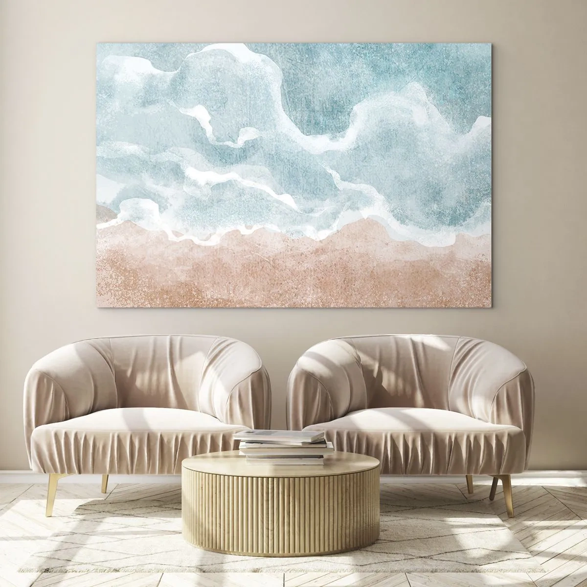 Glastavla - Bild på glas - Pastellvågor i blått och beige skapar en grumlig abstraktion. - 70x50cm - Abstraktion i moln - Modern väggdekoration för vardagsrum och sovrum ARTTOR