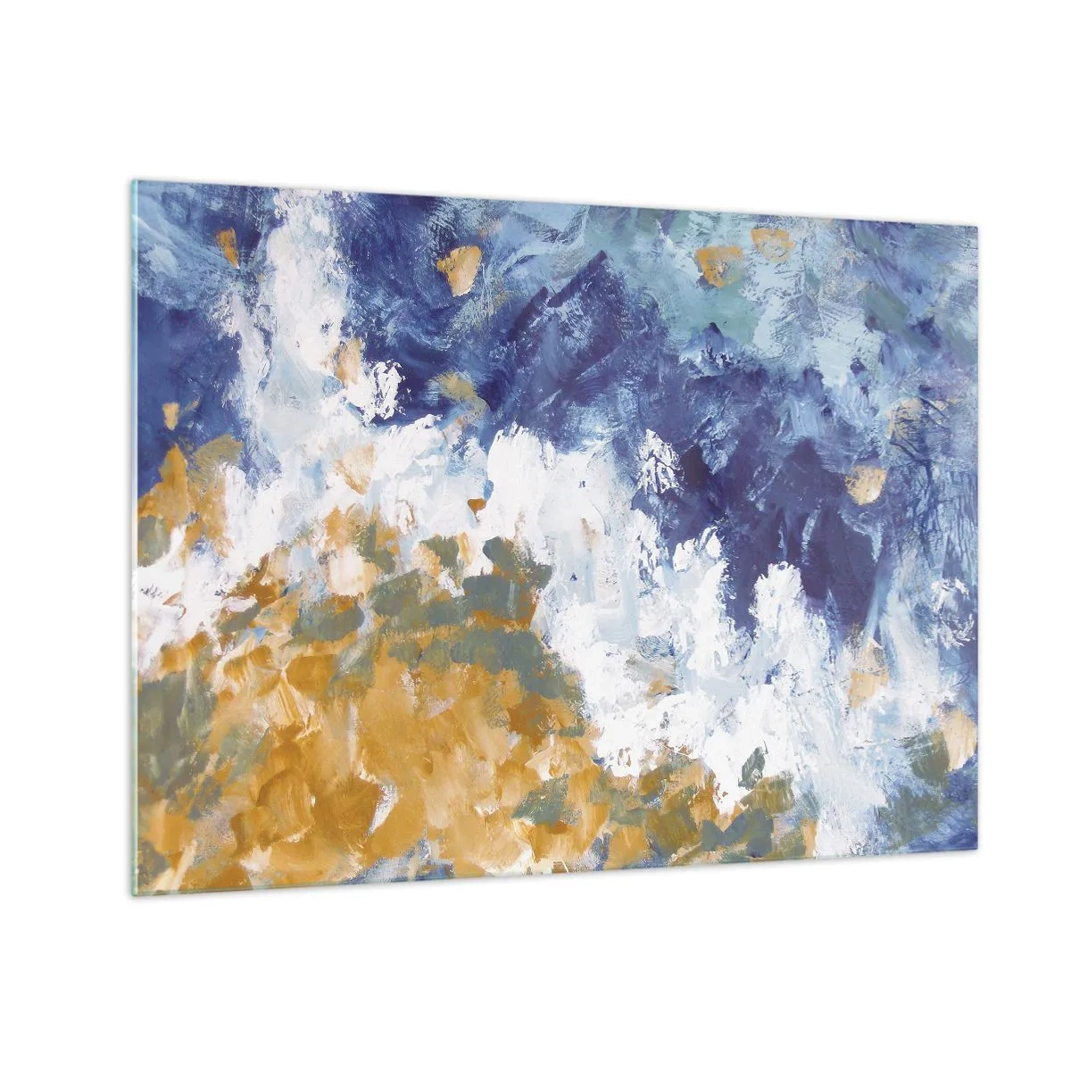 Glastavla - Bild på glas - Abstrakta penseldrag i blått, vitt och guld - 70x50cm - Elementens dans - Modern väggdekoration för vardagsrum och sovrum ARTTOR