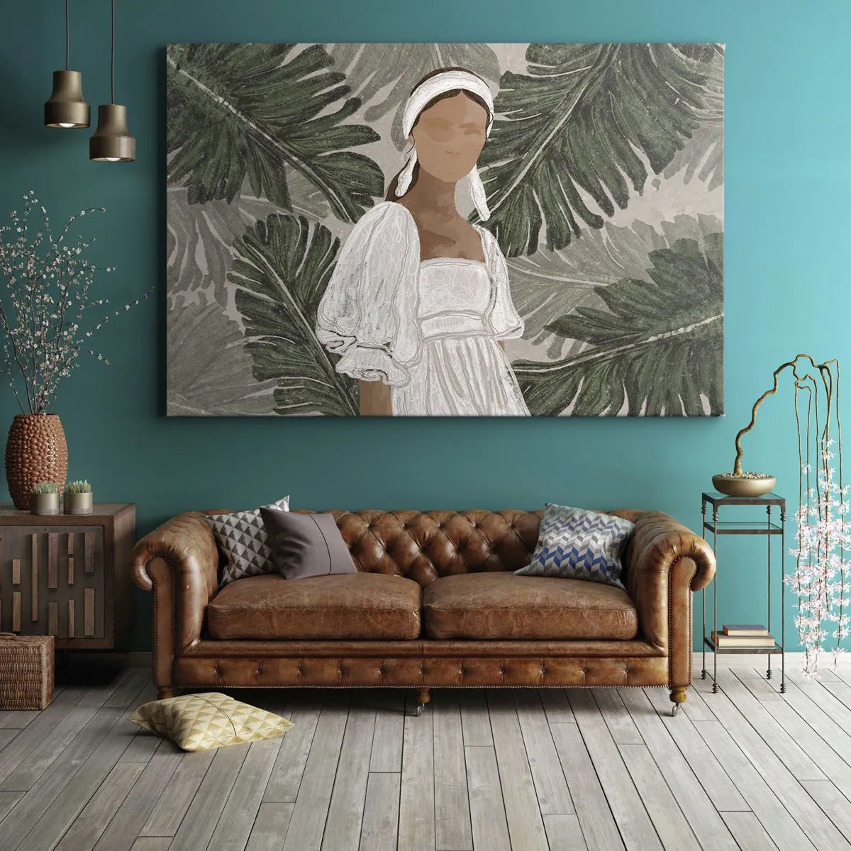 Canvastavla - Bild på duk - Porträtt av en kvinna i vit klänning mot en bakgrund av monsterablad - 70x50cm - Exotiskt porträtt - Modern väggdekoration för vardagsrum och sovrum ARTTOR