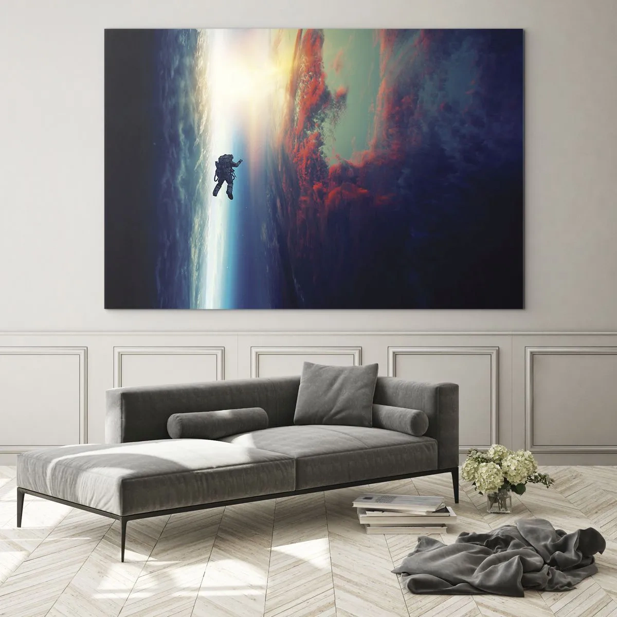 Glastavla - Bild på glas - En astronaut som driver genom rymden mot ljuset - 70x50cm - Stå emot universumet - Modern väggdekoration för vardagsrum och sovrum ARTTOR