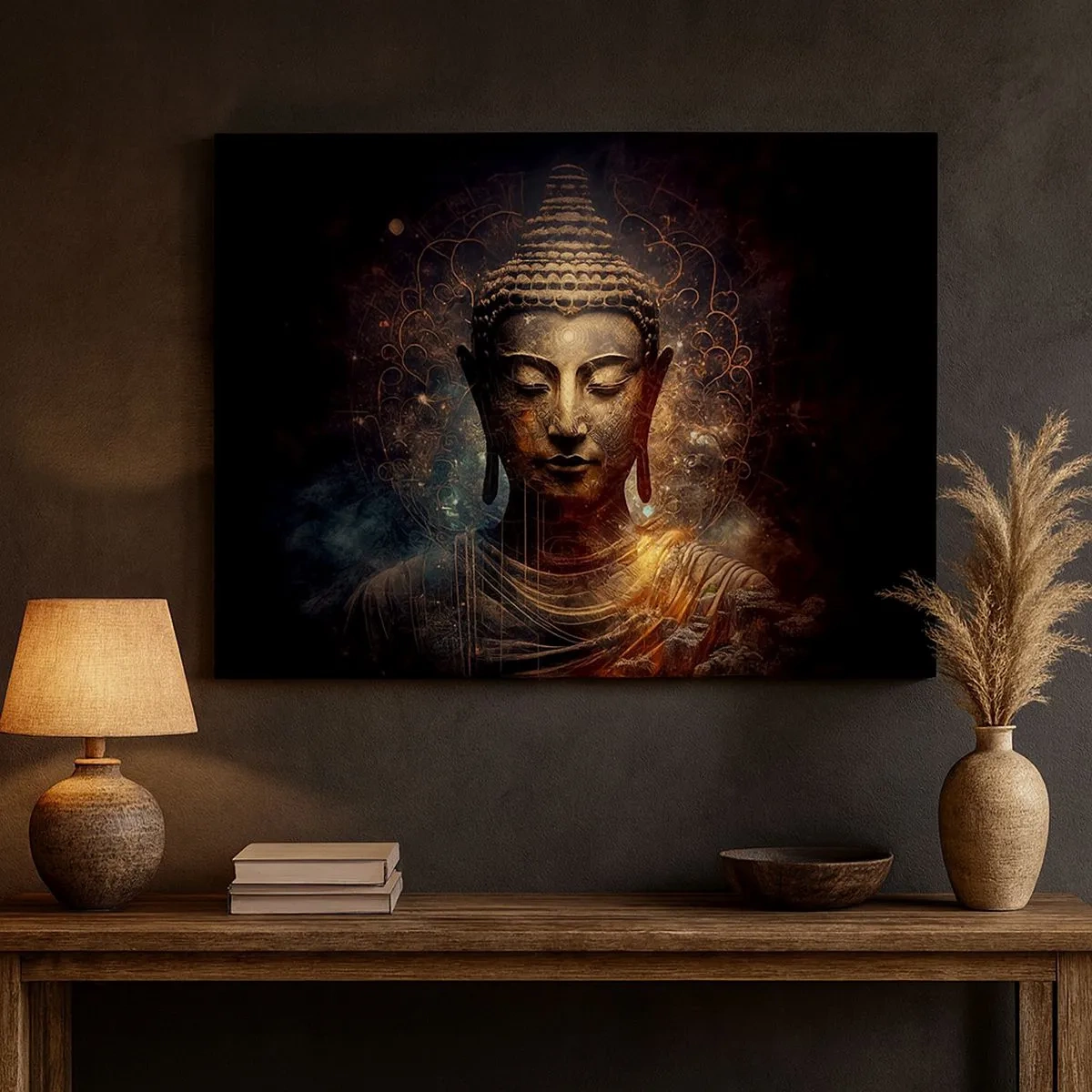Canvastavla - Bild på duk - Gyllene Buddha på en mörk bakgrund med ornament - 70x50cm - Andlig balans - Modern väggdekoration för vardagsrum och sovrum ARTTOR