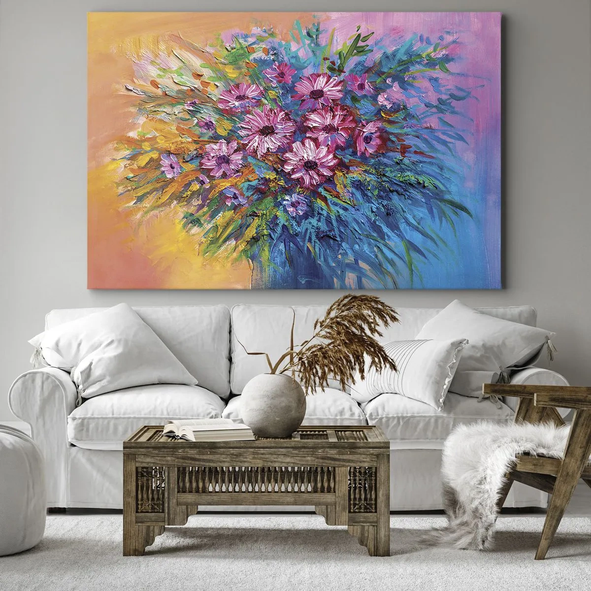 Canvastavla - Bild på duk - Färgglada blommor i en bukett mot en pastellfärgad bakgrund - 70x50cm - Livets energi - Modern väggdekoration för vardagsrum och sovrum ARTTOR