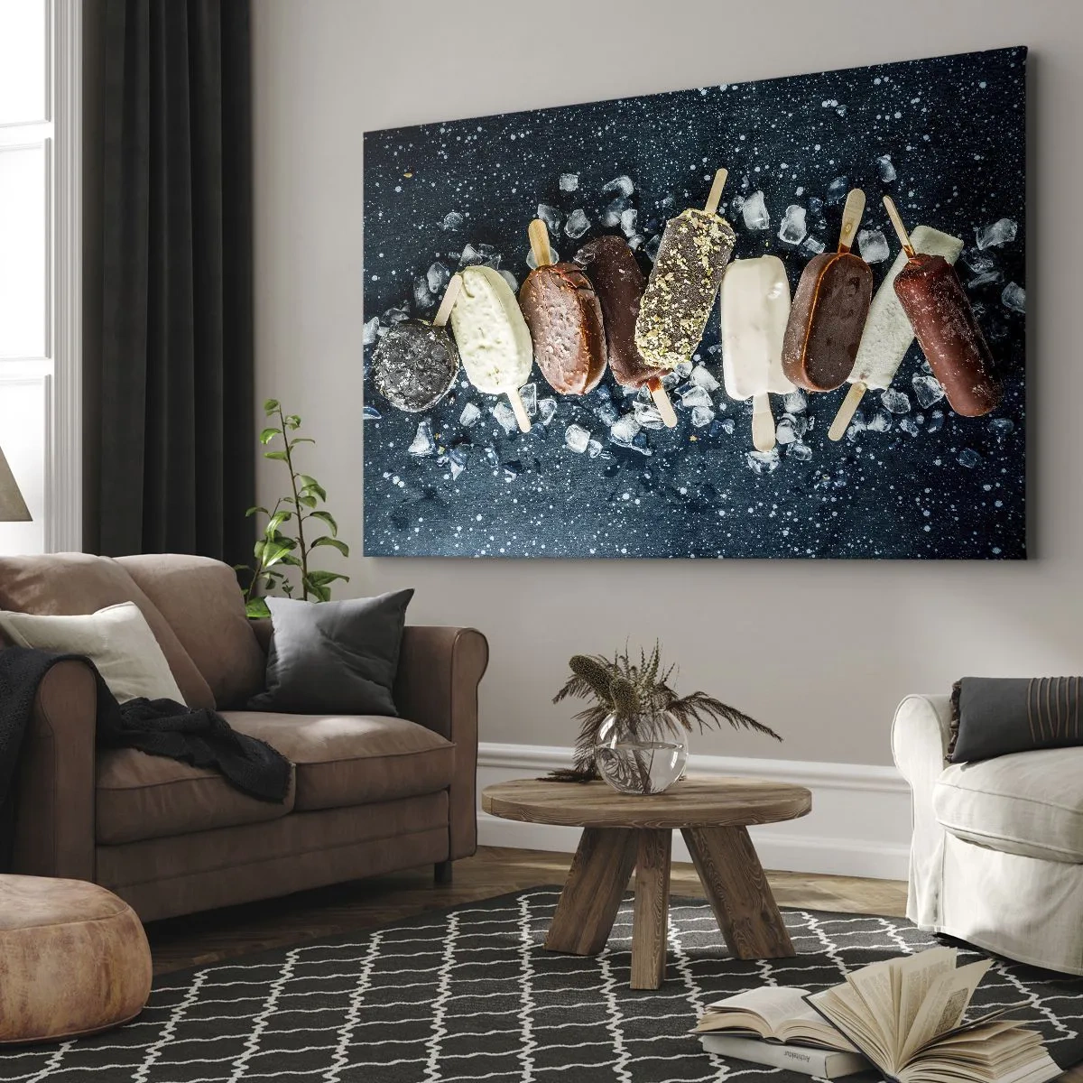 Canvastavla - Bild på duk - Färgglada isglassar arrangerade på is med en mörk bakgrund - 70x50cm - Smak av varm sommar - Modern väggdekoration för vardagsrum och sovrum ARTTOR
