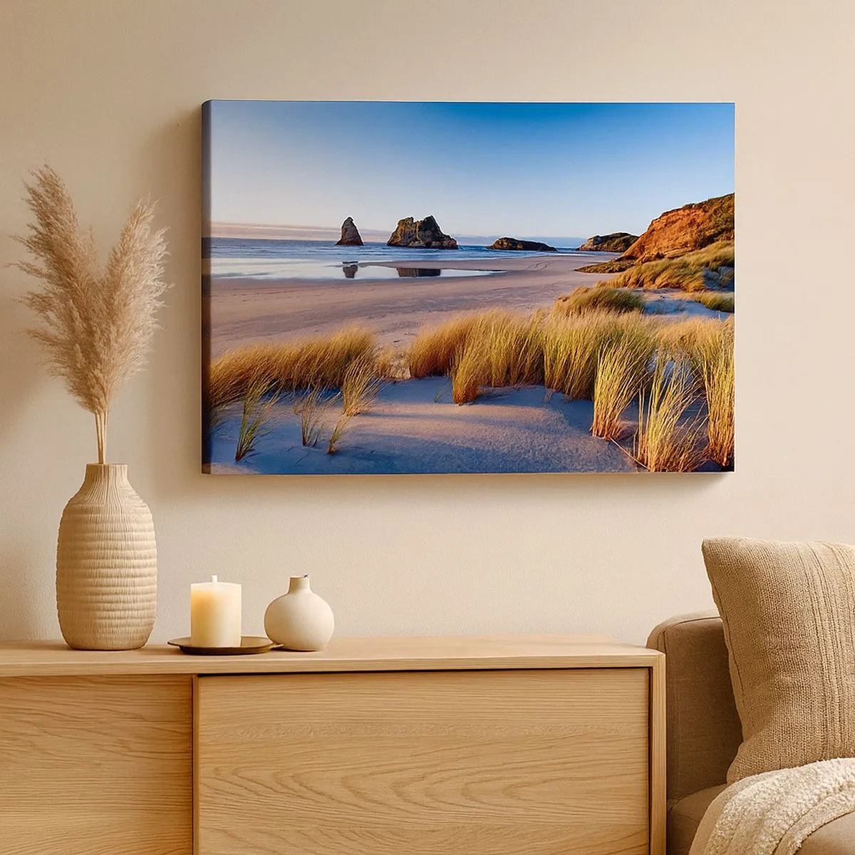 Canvastavla - Bild på duk - En pittoresk strand med utsikt över klipporna och havet vid solnedgången - 70x50cm - För fredssökare - Modern väggdekoration för vardagsrum och sovrum ARTTOR
