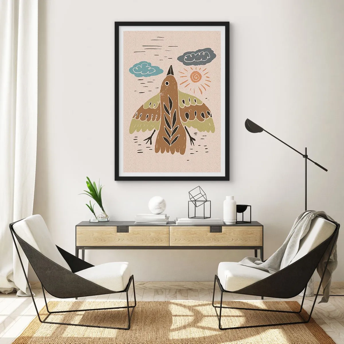 Affisch i svart ram - En färgglad illustration av en fågel i flykt, med moln och solen i bakgrunden. - 50x70cm - Glädjefylld flygning - Modern väggdekoration för vardagsrum och sovrum ARTTOR