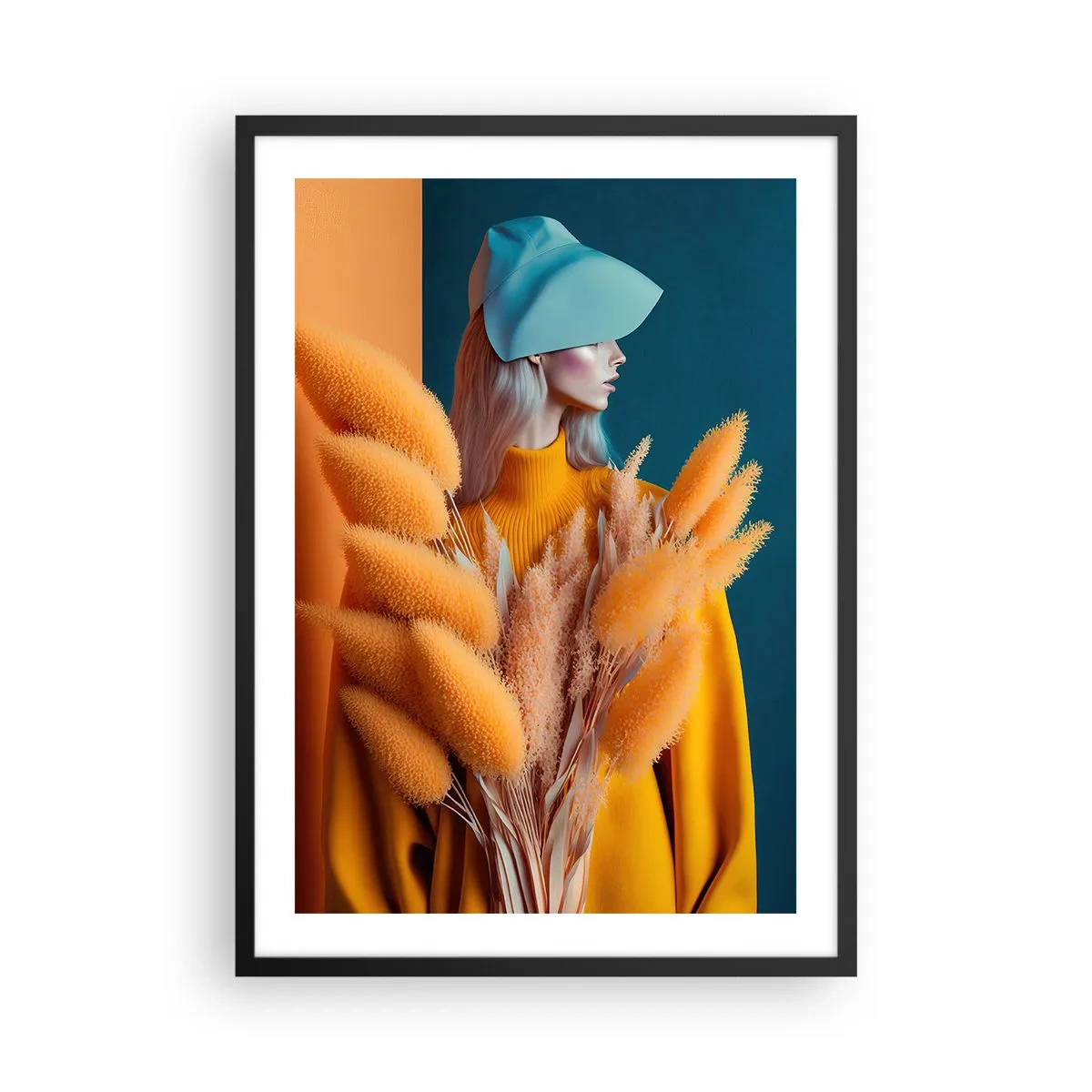 Affisch i svart ram - Ett modernt porträtt av en kvinna i varma färger - 50x70cm - Fluffigt porträtt - Modern väggdekoration för vardagsrum och sovrum ARTTOR