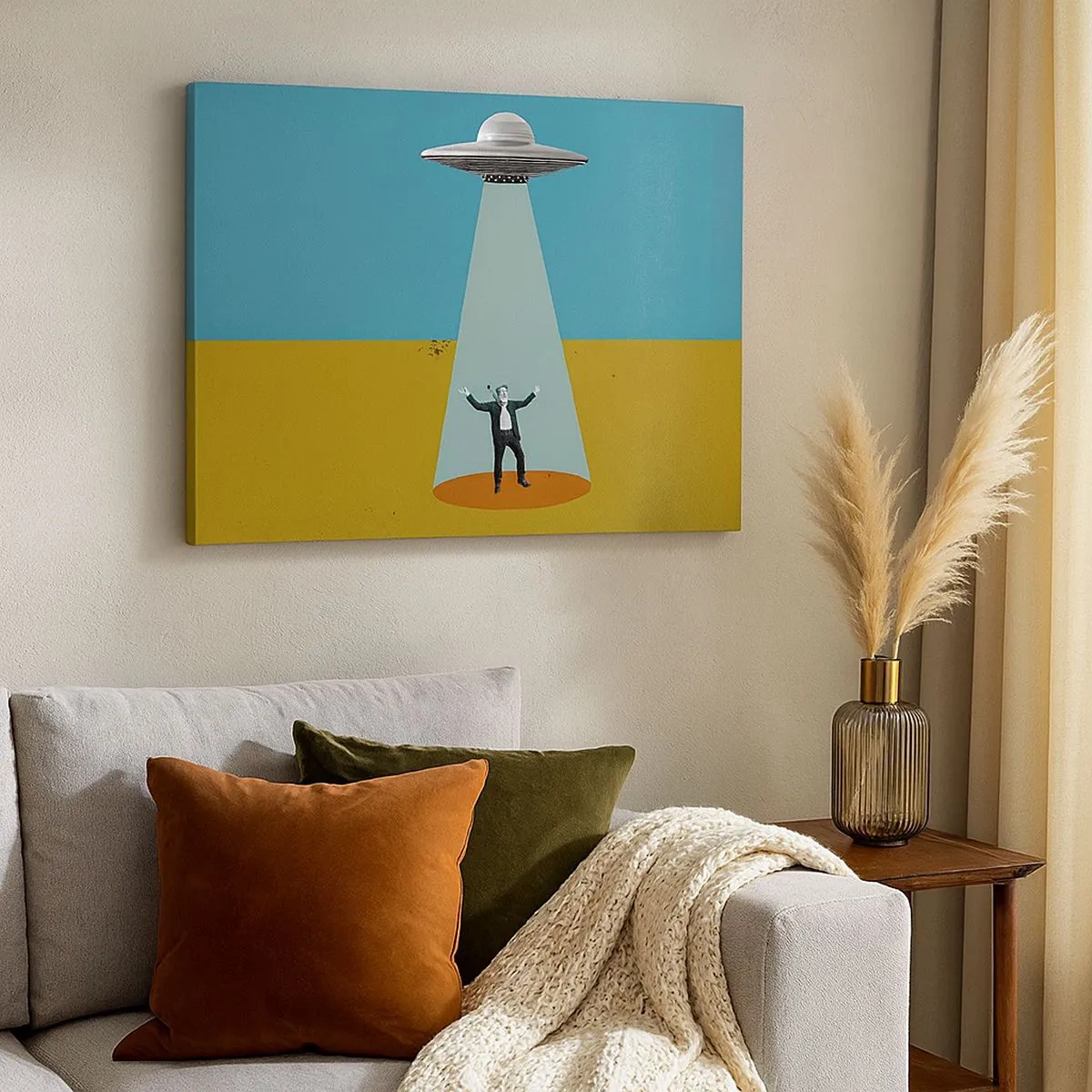 Canvastavla - Bild på duk - En man i ljuset av ett UFO mot bakgrund av ett färgstarkt landskap - 70x50cm - Ett nära möte - Modern väggdekoration för vardagsrum och sovrum ARTTOR