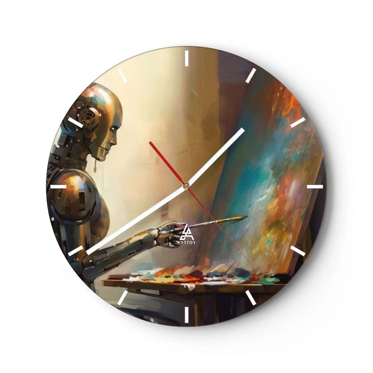 Väggklocka - Klocka på glas - En robot som målar en bild på ett staffli - 30x30cm - Framtidens konst - Modern väggdekoration för vardagsrum, kök och sovrum ARTTOR