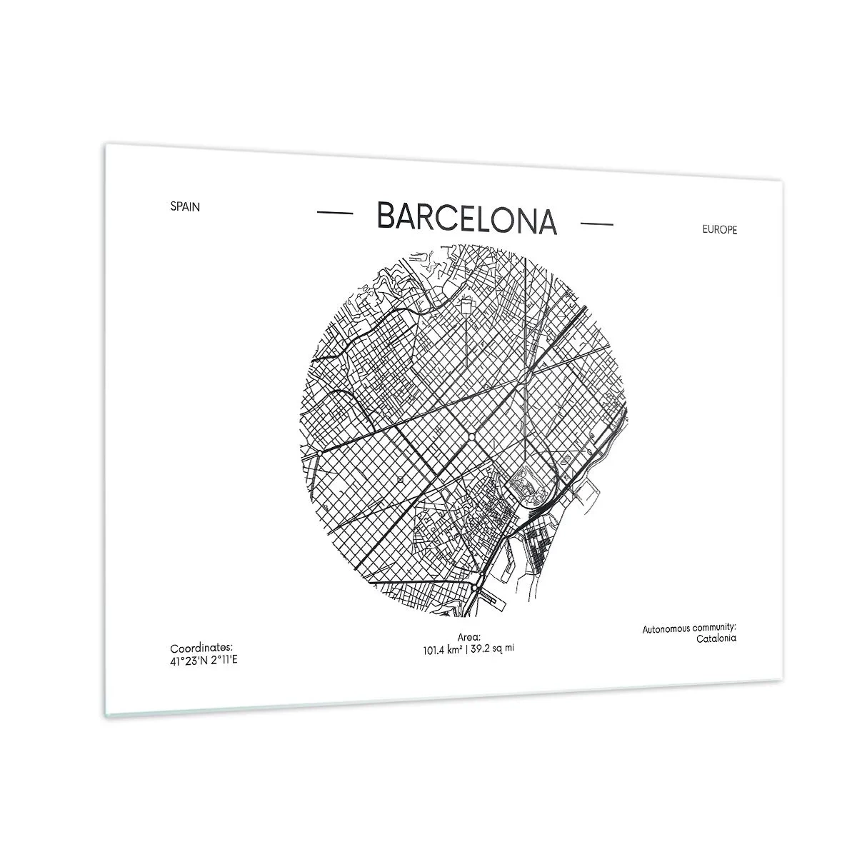 Glastavla - Bild på glas - En minimalistisk karta över Barcelona i svartvit estetik - 70x50cm - Barcelonas anatomi - Modern väggdekoration för vardagsrum och sovrum ARTTOR