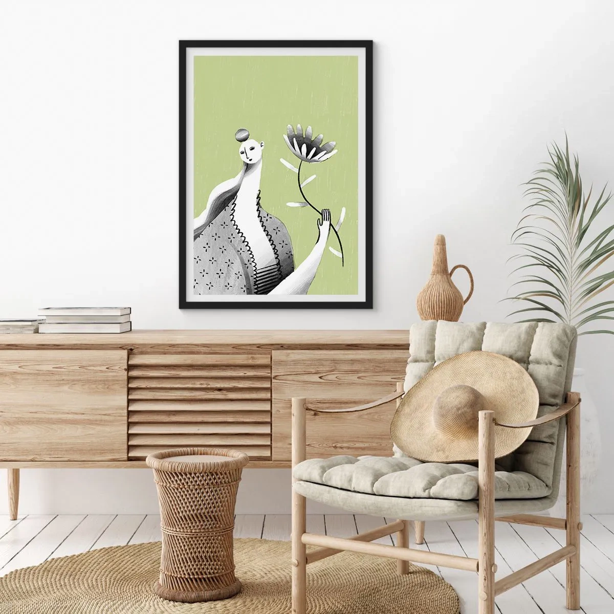 Affisch i svart ram - Minimalistisk kvinna som håller en blomma på en grön bakgrund - 50x70cm - Modernistiskt porträtt - håller i en blomma - Modern väggdekoration för vardagsrum och sovrum ARTTOR