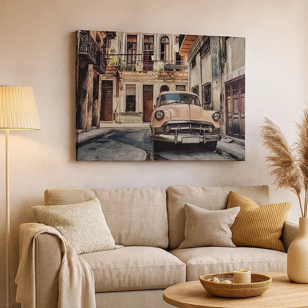 Canvastavla - Bild på duk - En klassisk bil mot bakgrund av urban arkitektur - 70x50cm - Siesta i Havana - Modern väggdekoration för vardagsrum och sovrum ARTTOR