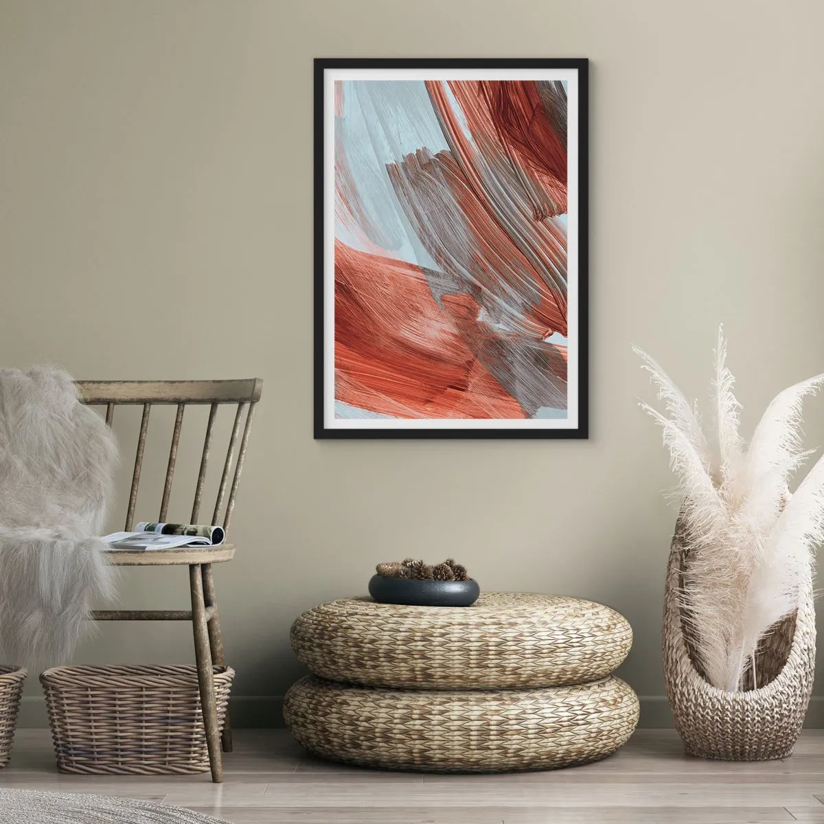 Affisch i svart ram - Dynamiska penseldrag i varma toner - 50x70cm - Höst- och blåsig abstraktion - Modern väggdekoration för vardagsrum och sovrum ARTTOR