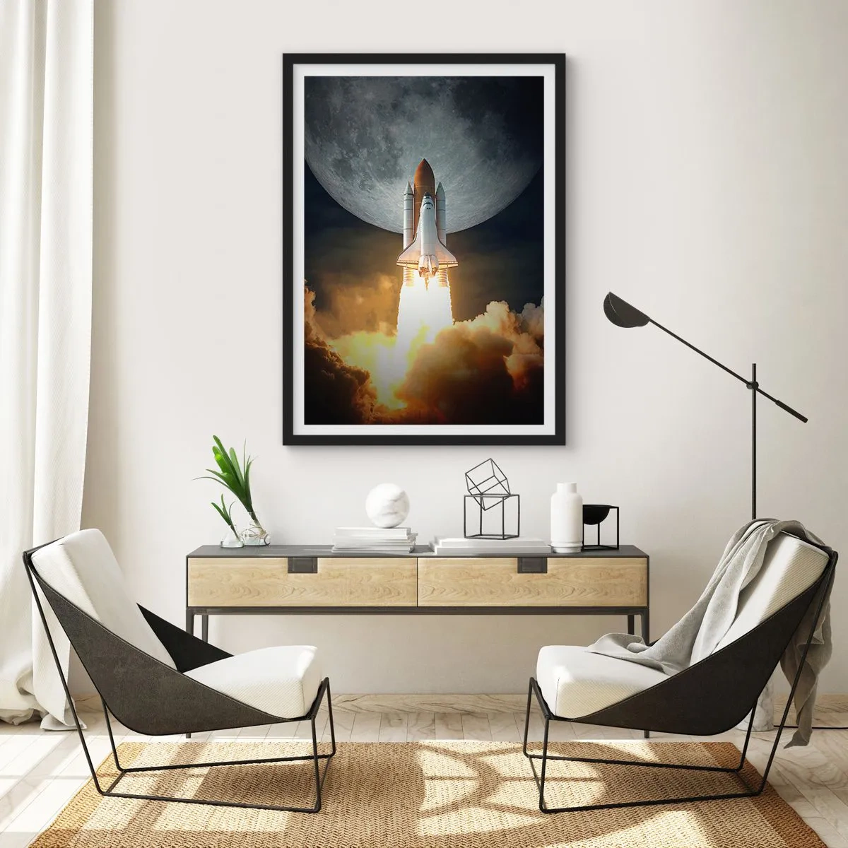 Affisch i svart ram - Rymdfärjeuppskjutning med månen i bakgrunden - 50x70cm - Början på ett utomjordiskt äventyr - Modern väggdekoration för vardagsrum och sovrum ARTTOR
