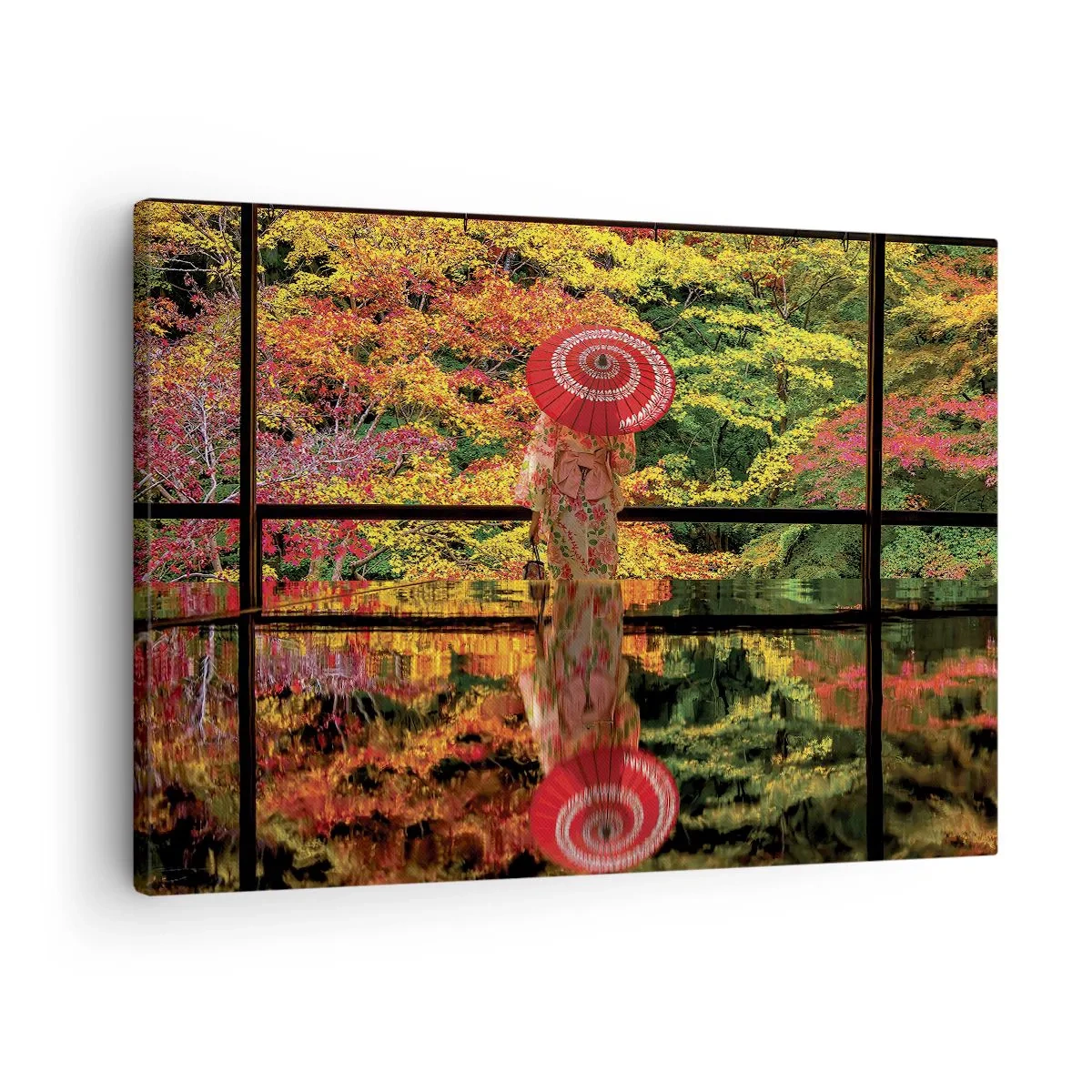Canvastavla - Bild på duk - En kvinna i kimono med paraply mot bakgrund av ett höstlandskap. - 70x50cm - I naturens tempel - Modern väggdekoration för vardagsrum och sovrum ARTTOR