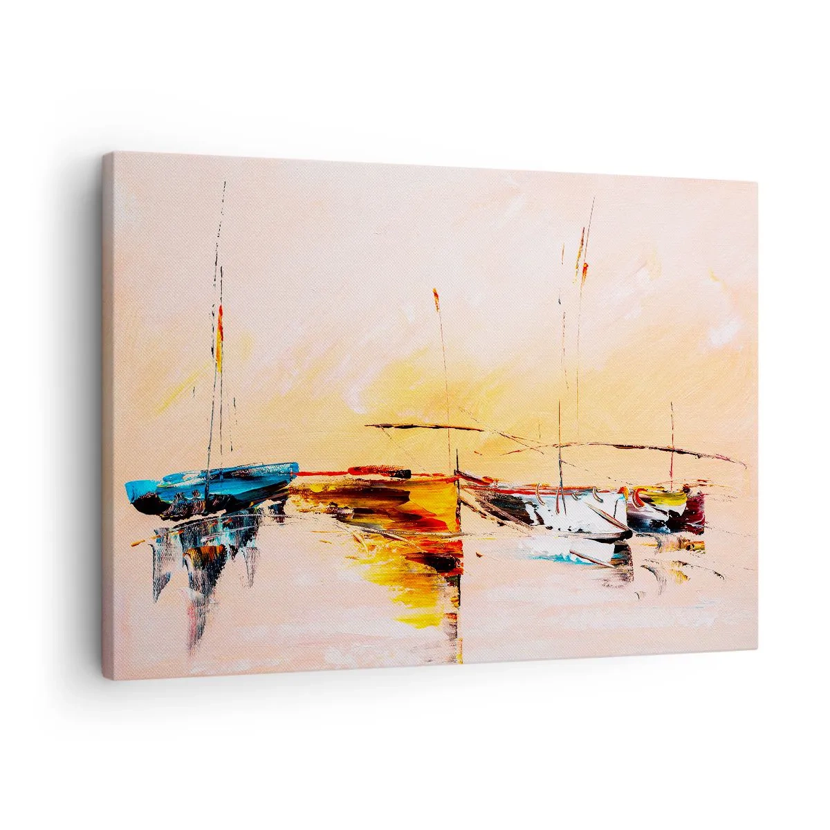 Canvastavla - Bild på duk - Färgglada båtar på lugnt vatten vid solnedgången - 70x50cm - En kväll i hamnen - Modern väggdekoration för vardagsrum och sovrum ARTTOR