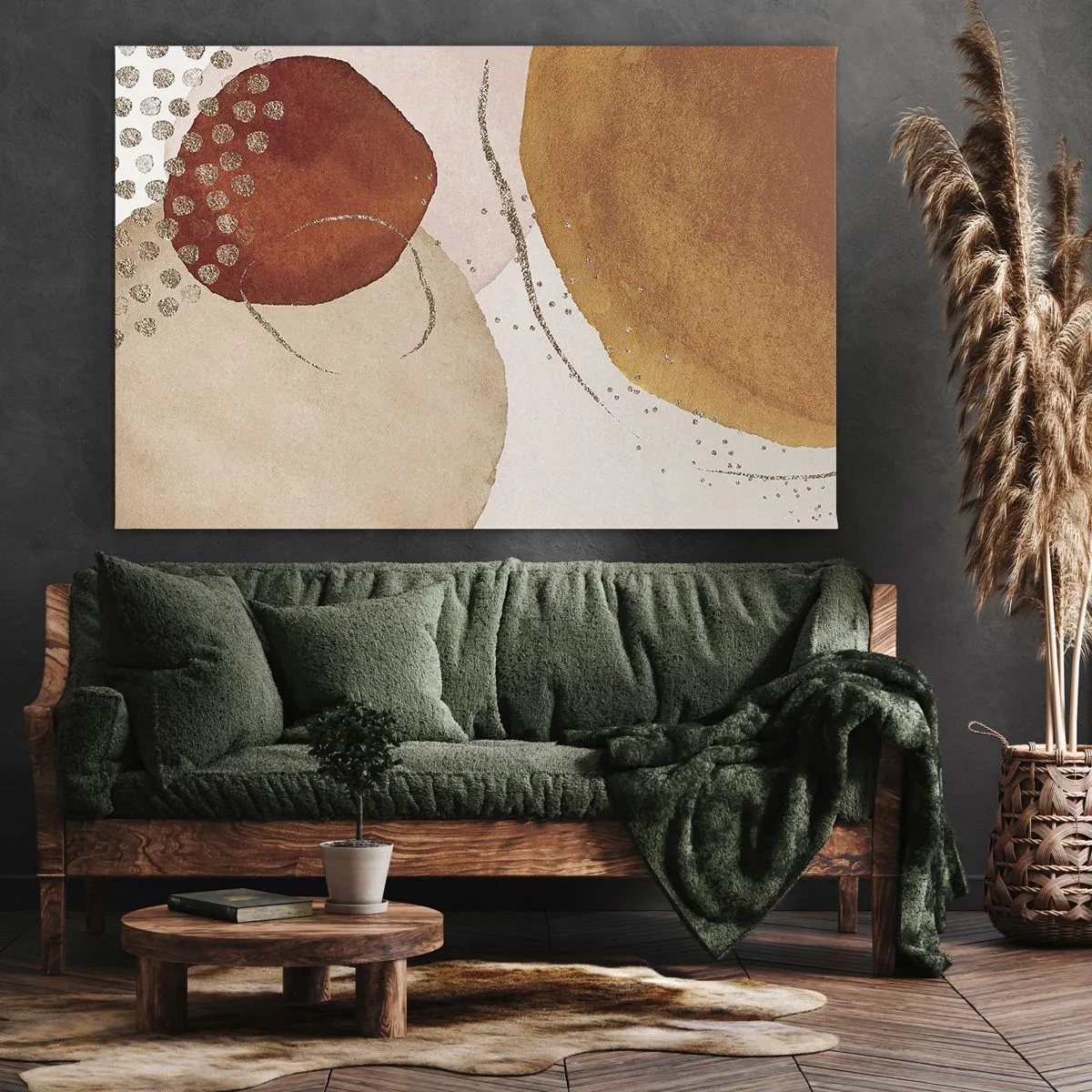 Canvastavla - Bild på duk - Abstrakta former i varma nyanser av brunt och guld - 70x50cm - Rundhet och rörelse - Modern väggdekoration för vardagsrum och sovrum ARTTOR