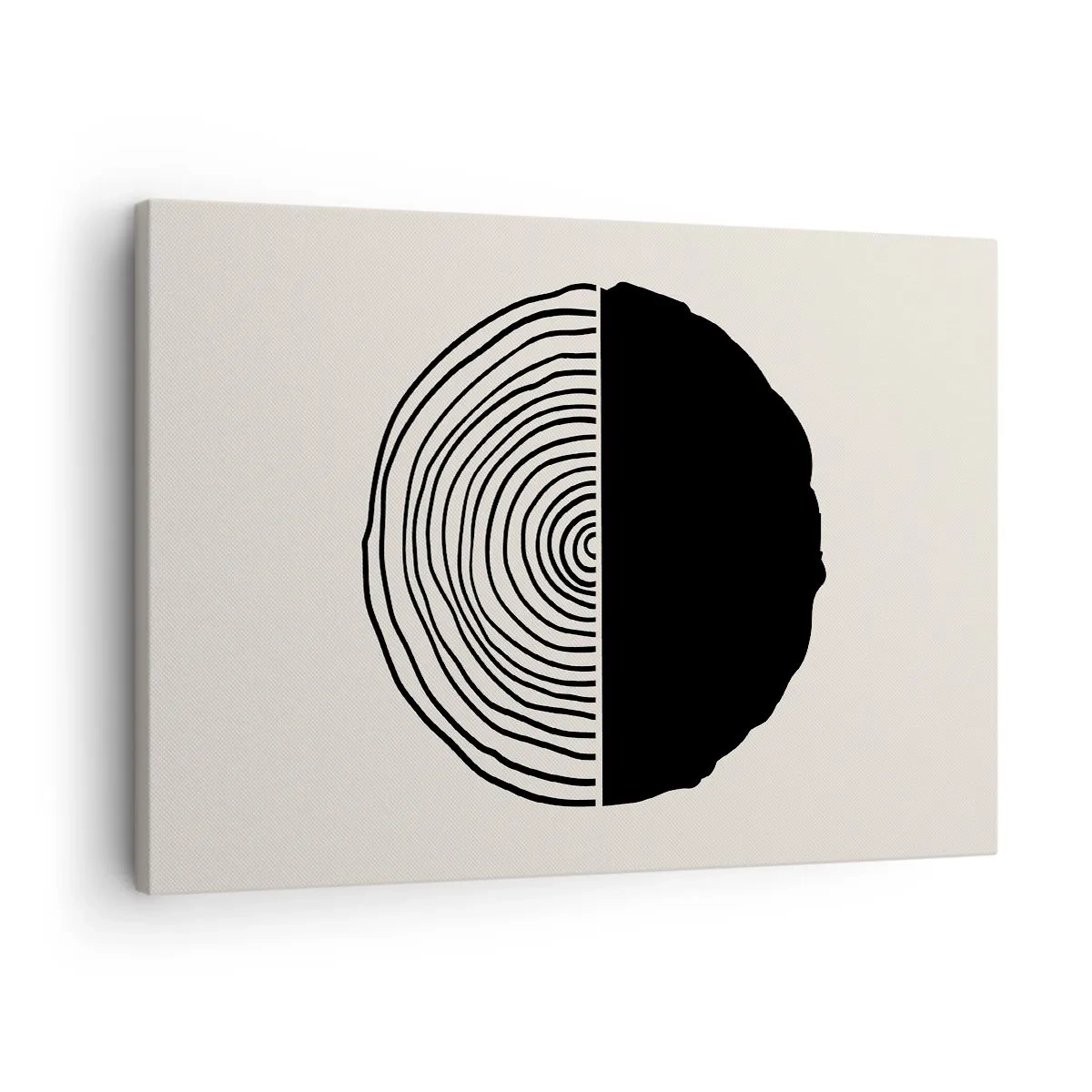 Canvastavla - Bild på duk - Ett abstrakt svartvitt motiv inspirerat av ett tvärsnitt av trä med en geometrisk indelning. - 70x50cm - Hälften hälften - Modern väggdekoration för vardagsrum och sovrum ARTTOR