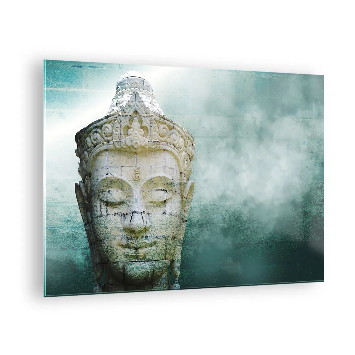 Glastavla - Bild på glas - Buddhastaty i en mystisk atmosfär - 70x50cm - På jakt efter ljus - Modern väggdekoration för vardagsrum och sovrum ARTTOR