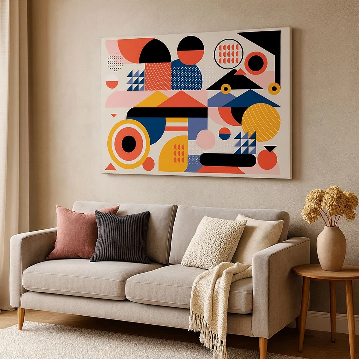 Canvastavla - Bild på duk - Färgglada geometriska former i retrostil - 70x50cm - Komposition: Lek - Modern väggdekoration för vardagsrum och sovrum ARTTOR