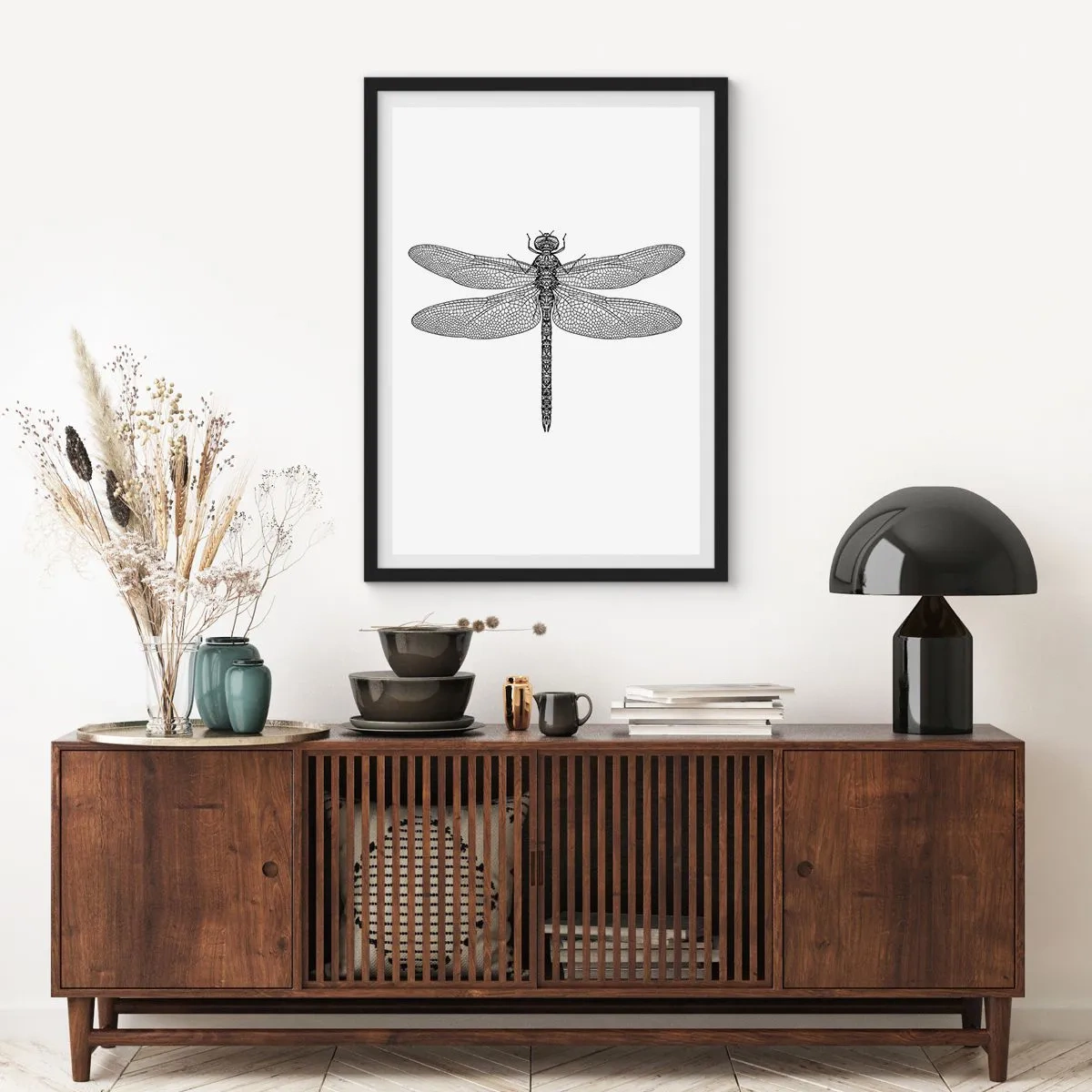 Affisch i svart ram - Svartvit illustration av en trollslända på vit bakgrund - 50x70cm - Precision i naturen - Modern väggdekoration för vardagsrum och sovrum ARTTOR