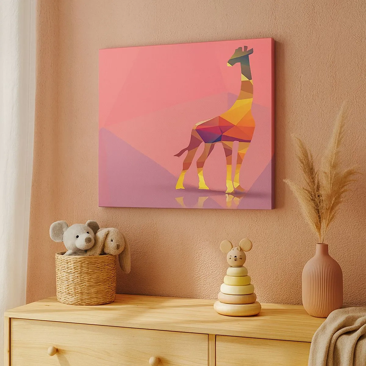 Canvastavla - Bild på duk - Geometrisk giraffsilhuett i pastellfärger av rosa och gult - 70x50cm - I savannens färger - Modern väggdekoration för vardagsrum och sovrum ARTTOR