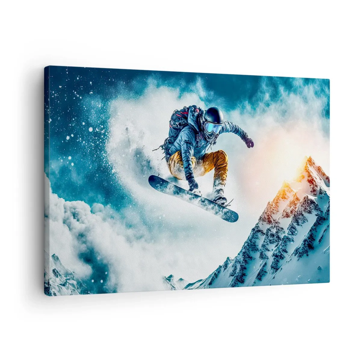 Canvastavla - Bild på duk - En snowboardåkare flyger över snötäckta berg - 70x50cm - Extrema känslor - Modern väggdekoration för vardagsrum och sovrum ARTTOR