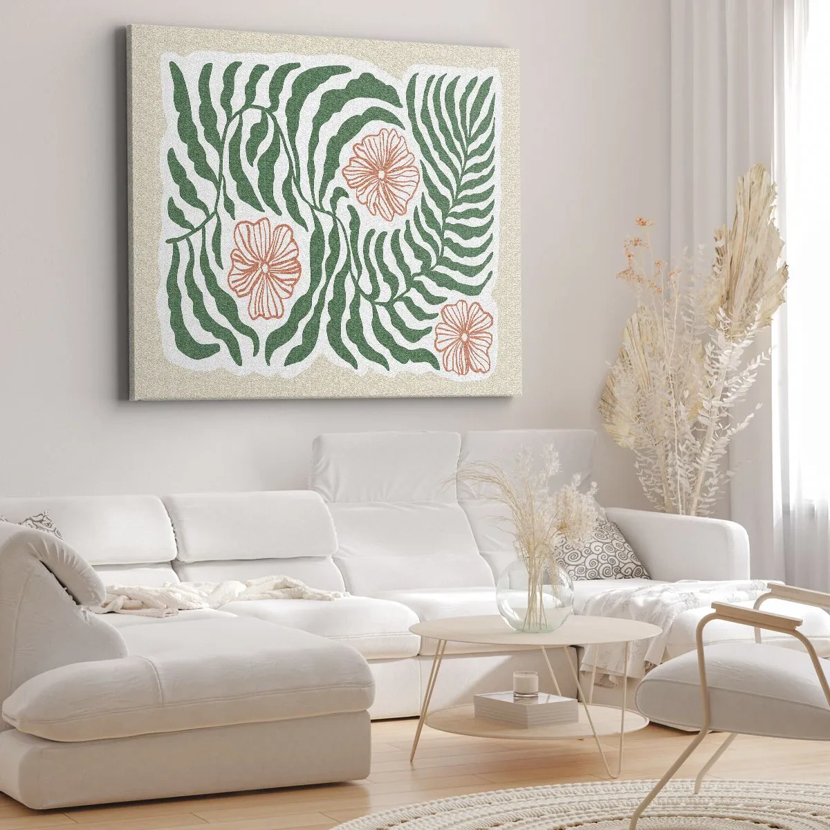 Canvastavla - Bild på duk - Ett minimalistiskt motiv av gröna blad med blommor i orangea nyanser. - 70x50cm - Blommande i grönt - Modern väggdekoration för vardagsrum och sovrum ARTTOR